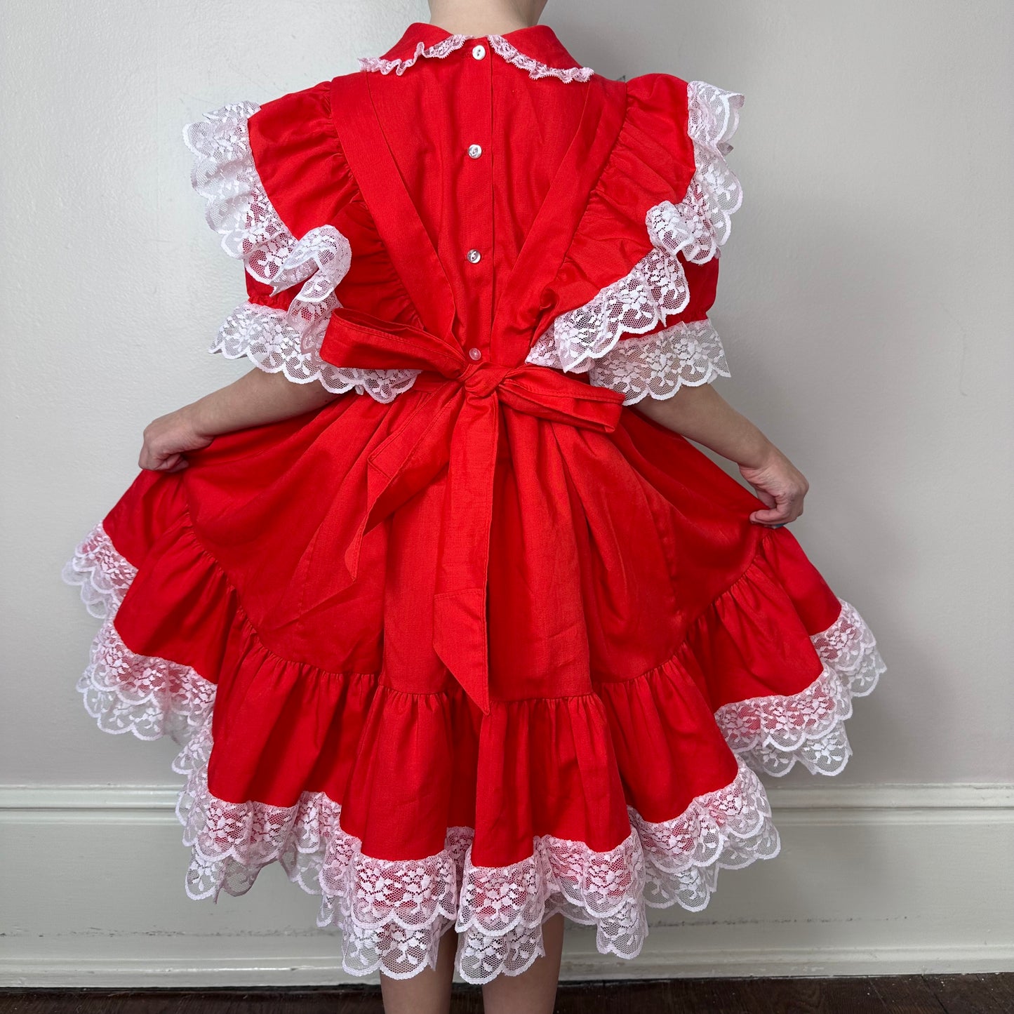 1980s Red Frilly Pinafore Dress, Mini World Size 6X