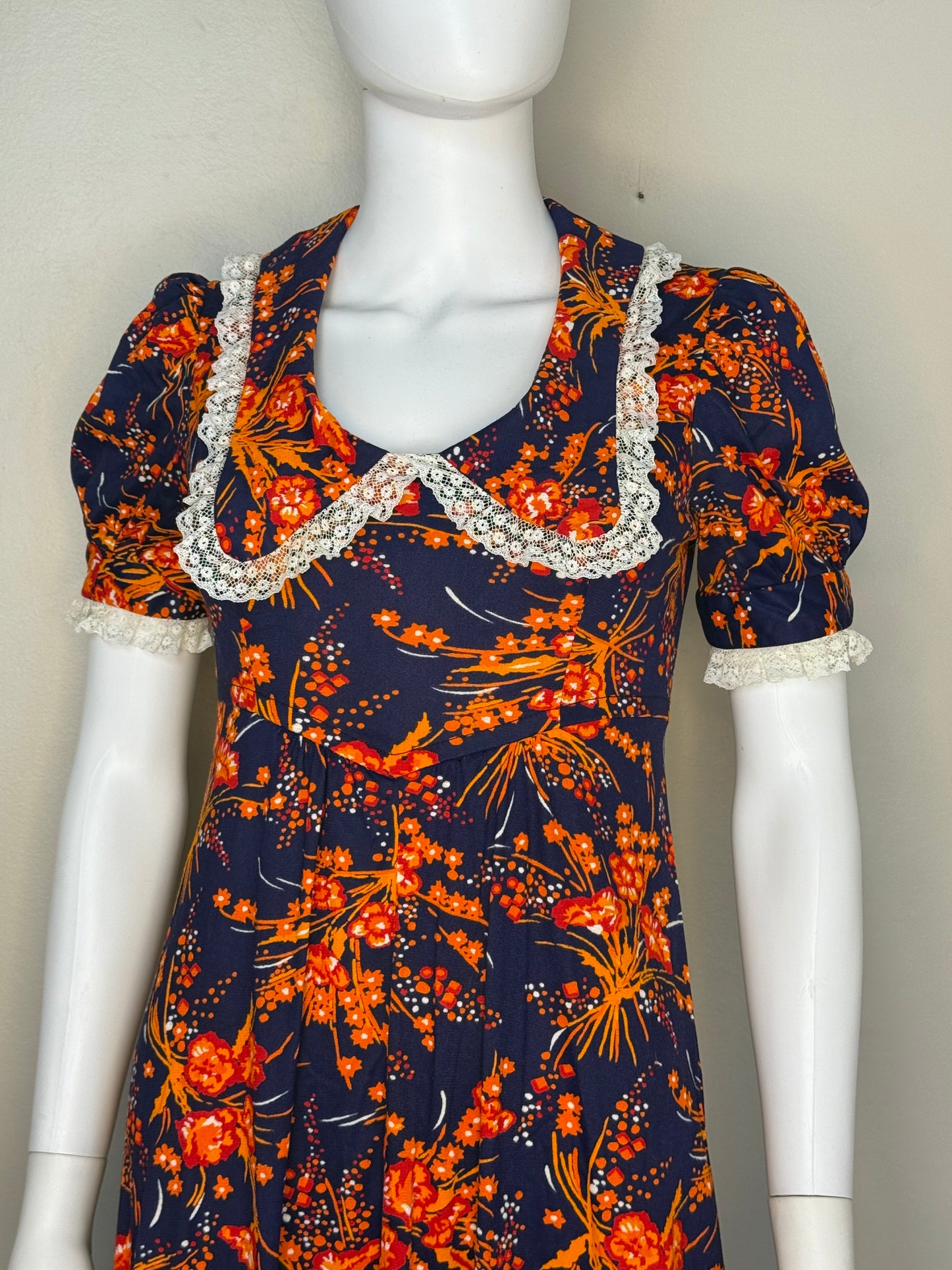 1960s/70s Navy Blue and Orange Floral Maxi Dress, Size Small, Lace Trimmed Platter Collar