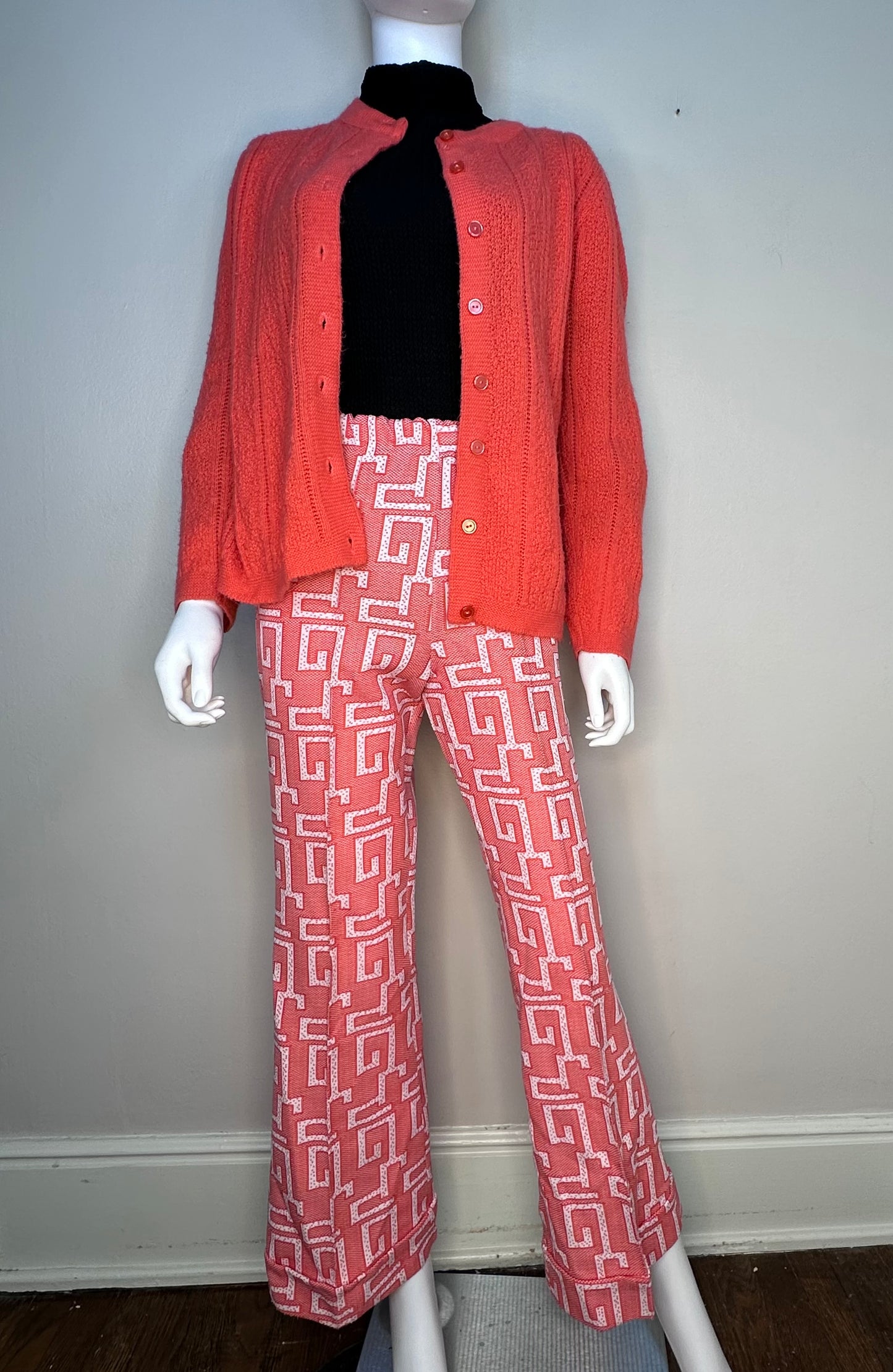 1970s Funky Orange Geometric Design Bellbottom Polyester Pants, Size Small-Medium, Elastic Waist