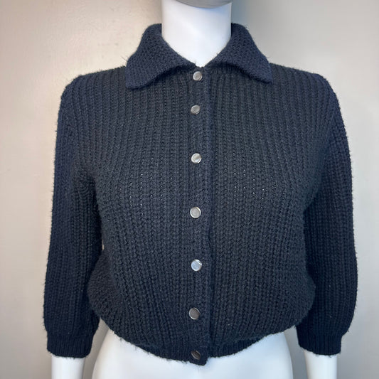 1960s Black Cable Knit Cardigan Sweater, Sweetree Size Small, Collared, 3/4 Sleeves