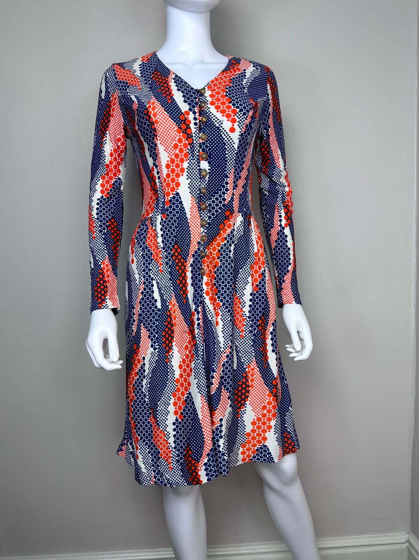 1970s Orange and Blue Psychedelic Swirl Polka Dot Dress, Size XS-Small