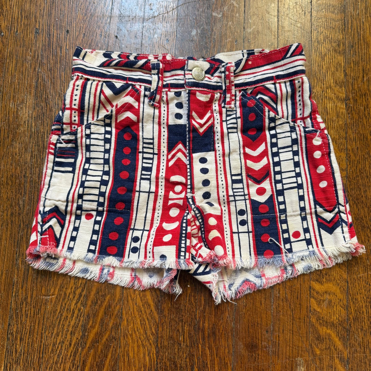 1970s Printed Denim Shorts, Cut Offs, Kids 4/5, Red White and Blue Geometric Stripe