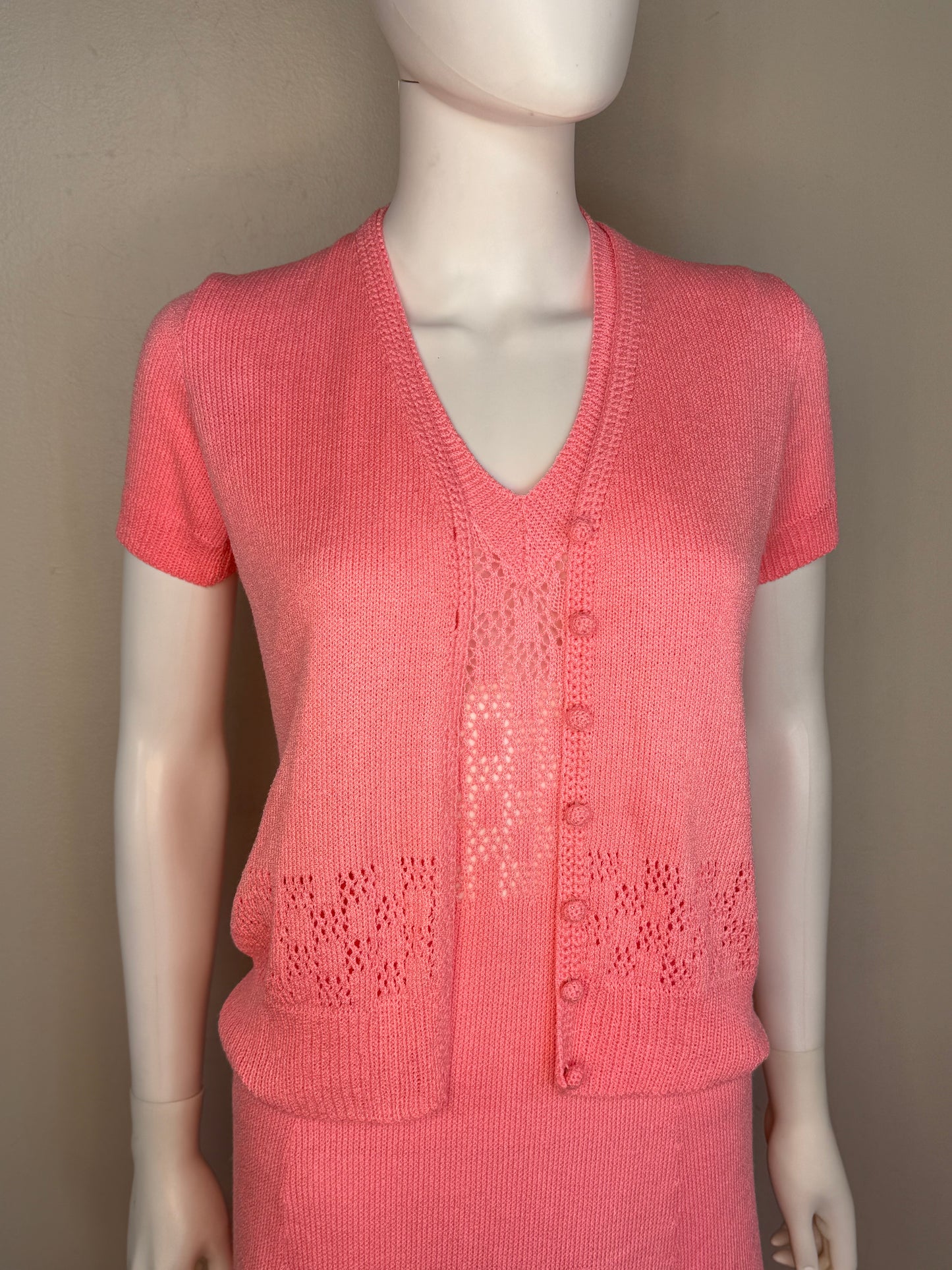 1970s St John Knits Pink Sleeveless Maxi Sweater Dress with Matching Short Sleeve Cardigan and Scarf, Size X-Small