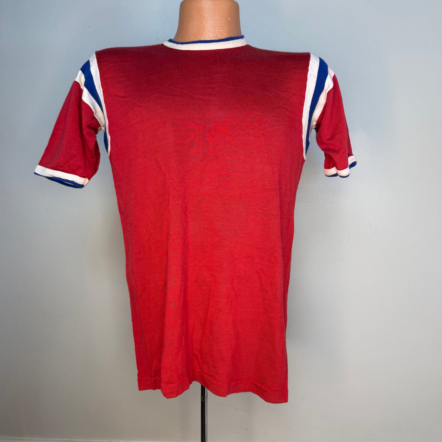 1960s Red Durene Jersey T-Shirt, Jewish Center, Rawlings Size Medium, Distressed