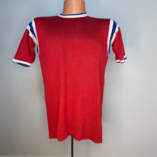 1960s Red Durene Jersey T-Shirt, Jewish Center, Rawlings Size Medium, Distressed