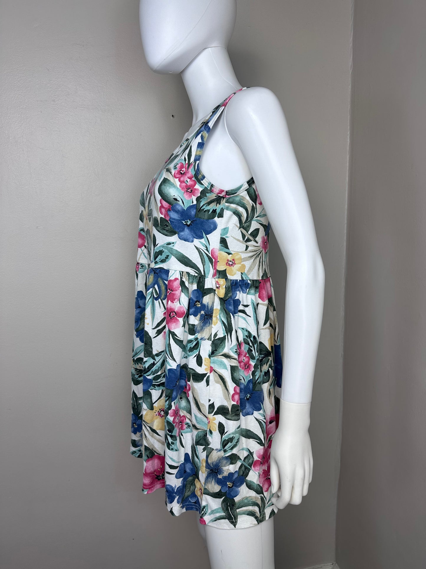 1990s Tropical Floral Knit Sleeveless Mini Dress, No Boundaries Size Small-Medium, Babydoll Dress