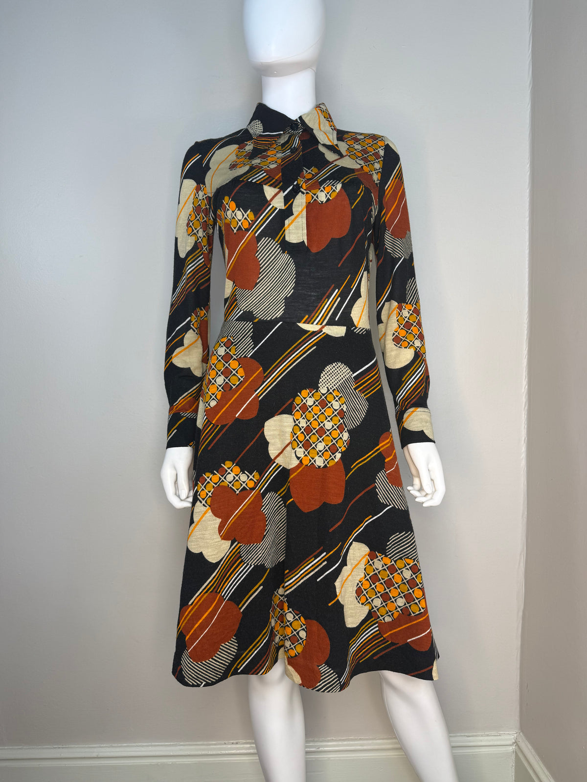 1970s Black and Brown Floral Long Sleeve Dress, Mobett Denmark Size Small