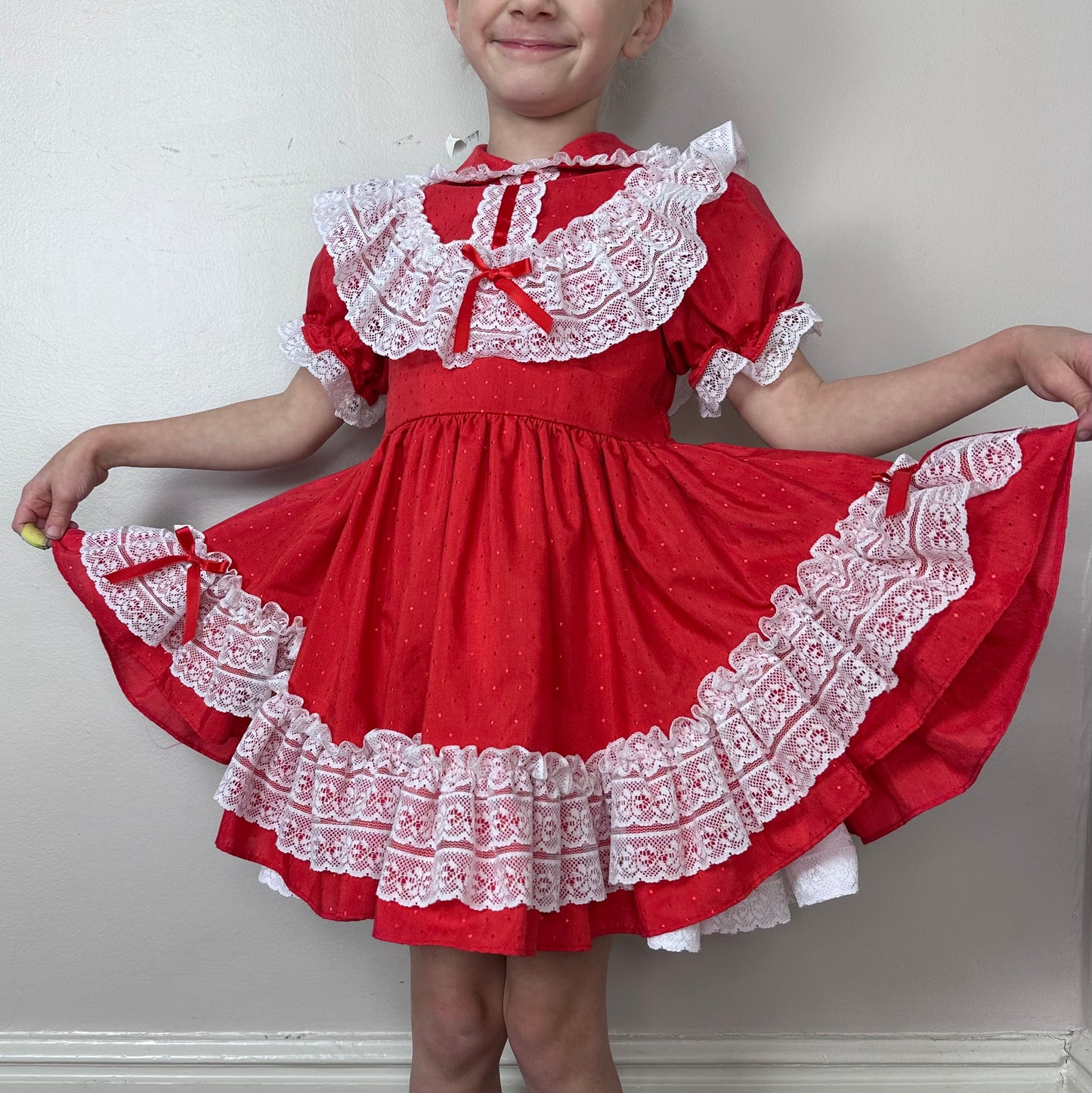 1980s Red Polka Dot Frilly Dress, Mini World Size 4