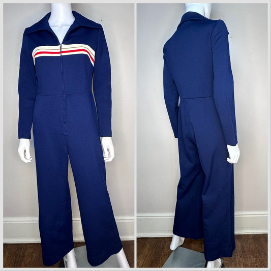 1970s Navy Blue Polyester Zip Up Jumpsuit, Size M/L, Wide Leg