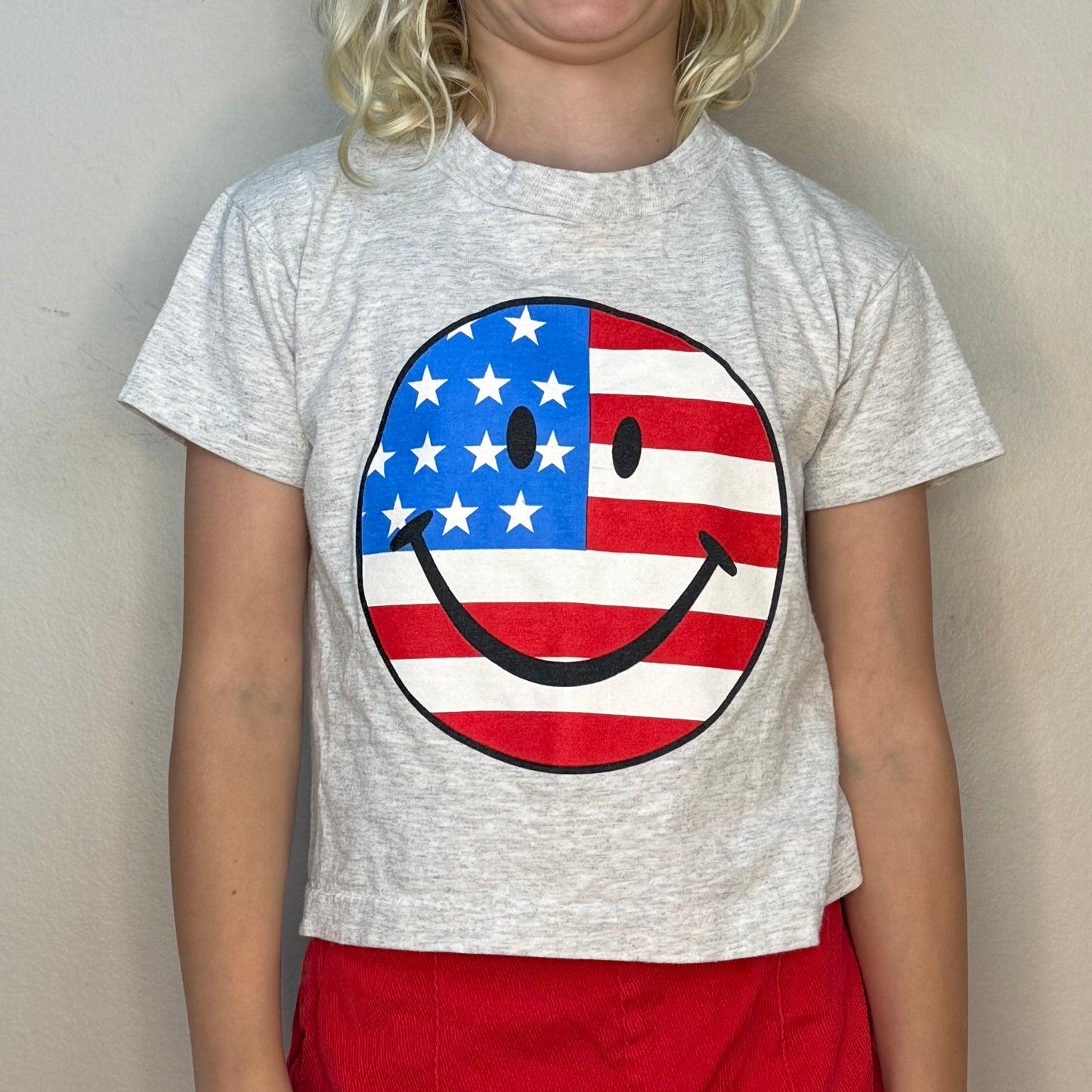 1990s Kids’ USA Flag Smiley Face T-Shirt, Cropped, Size 6-8