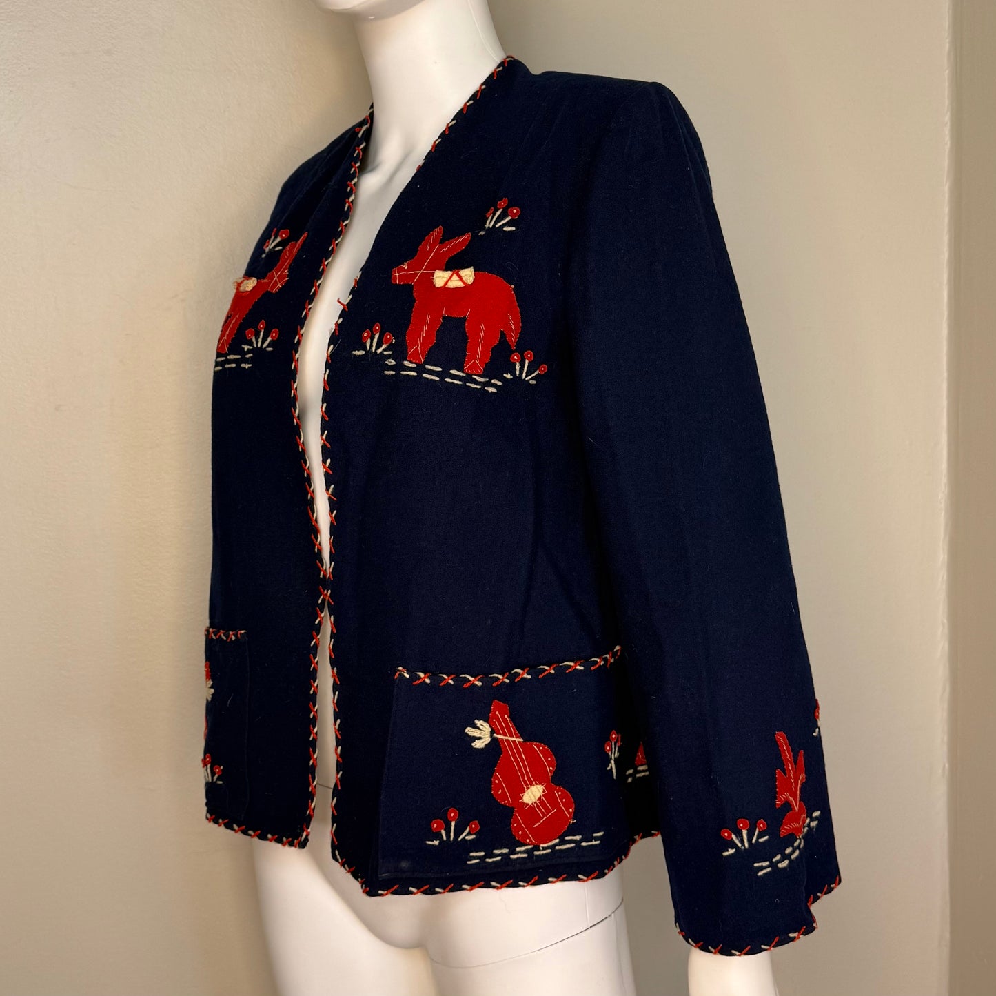 1940s Navy Blue Embroidered Mexican Tourist Jacket, Size Small
