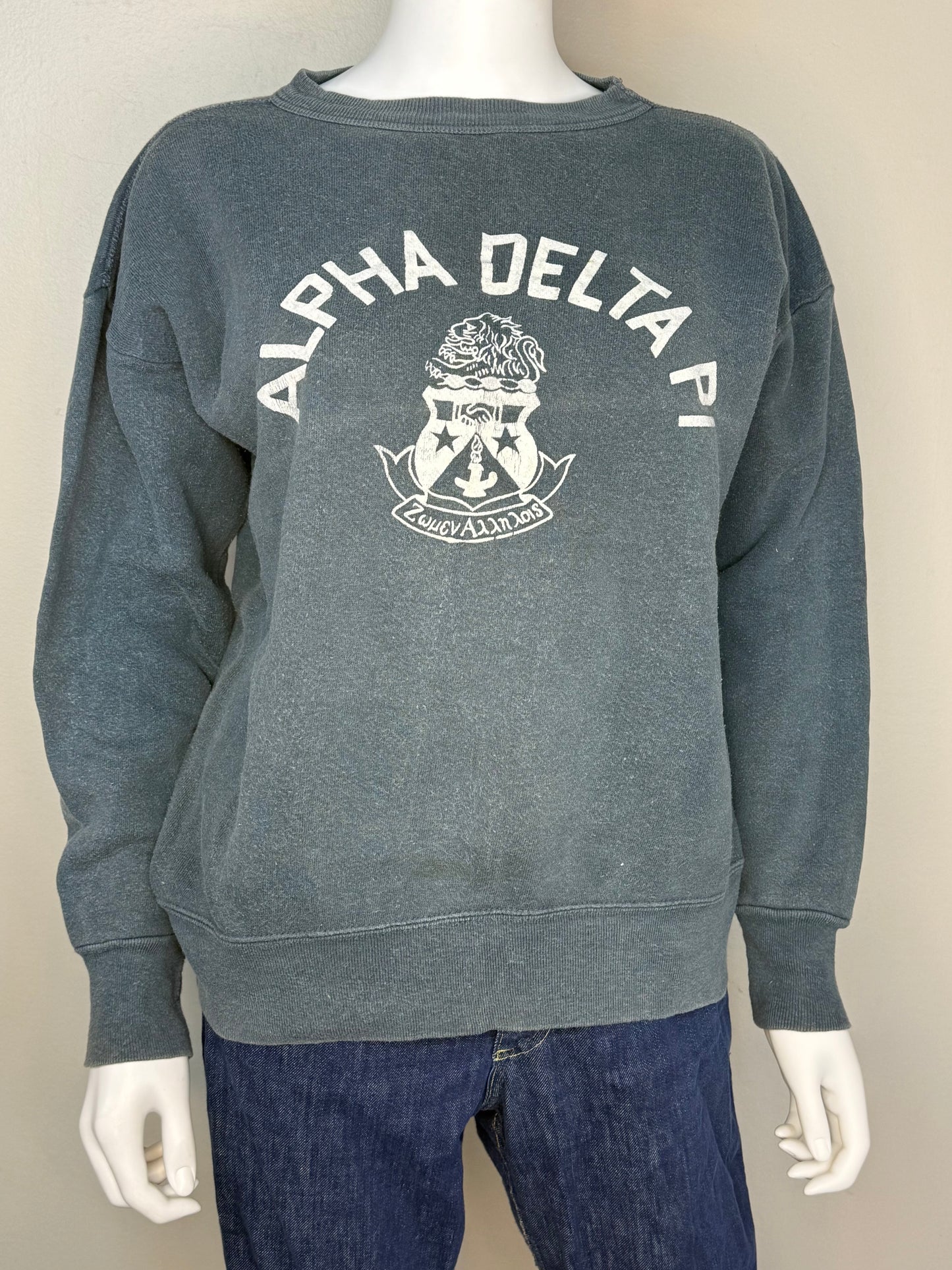 1950s Alpha Delta Pi Sorority Sweatshirt, Faded Navy Blue, Size Medium/Large