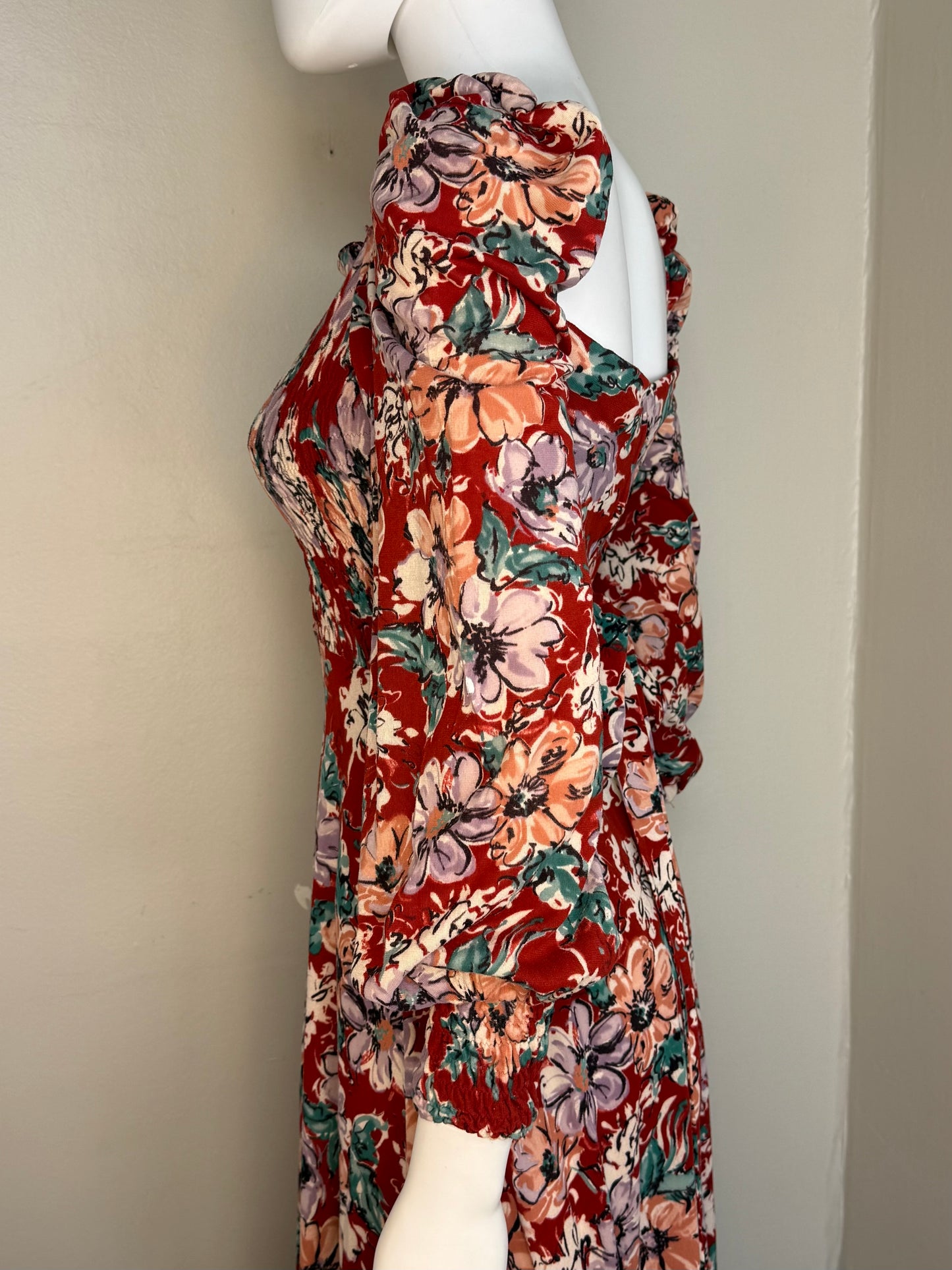 1970s Red Floral Maxi Dress, Jody T Size XS, Long Sleeve, Smocked Bodice, Full Skirt