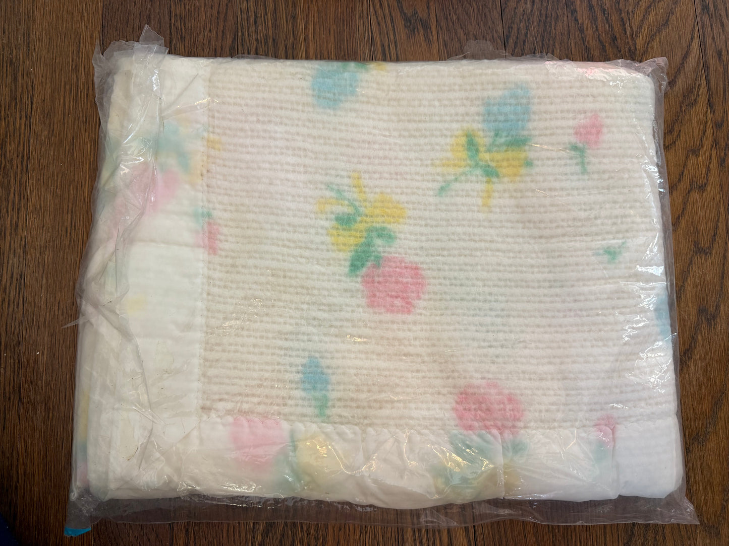 1960s Baby Pepperell Therma Nova Crib Blanket with Satin Binding, Breath of Spring Pastel Floral Print, Rayon Nylon Blend, New in Package
