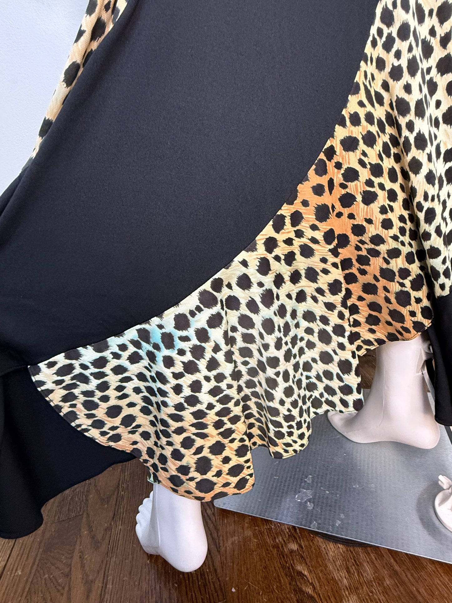 1970s Leopard Print Maxi Dress, Long Sleeve Turtleneck, Size Small, Curved Panel Skirt with Full Sweep