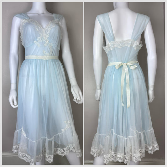 1950s/1960s Pastel Blue Nylon Nightgown, Kayser Size 38, Medium