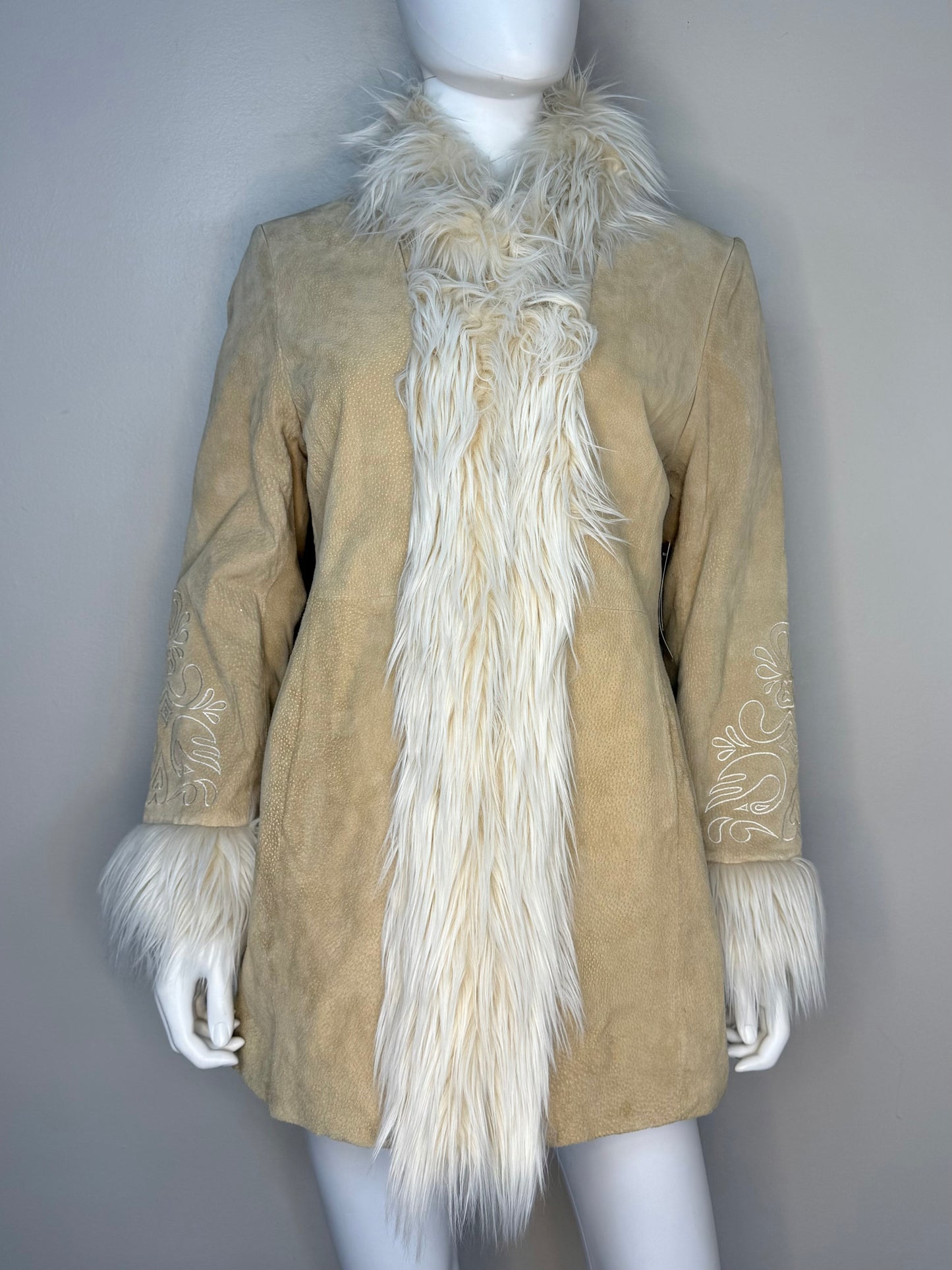 1990s/Y2K Leather and Faux Fur Penny Lane Coat, Embroidered, Mix It Size S/M, JCPenney, Deadstock New with Tags