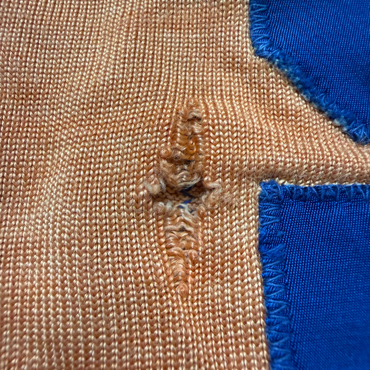 1950s Orange and Blue Durene Jersey, Appliqué No 55, Faded and Distressed, Size Medium