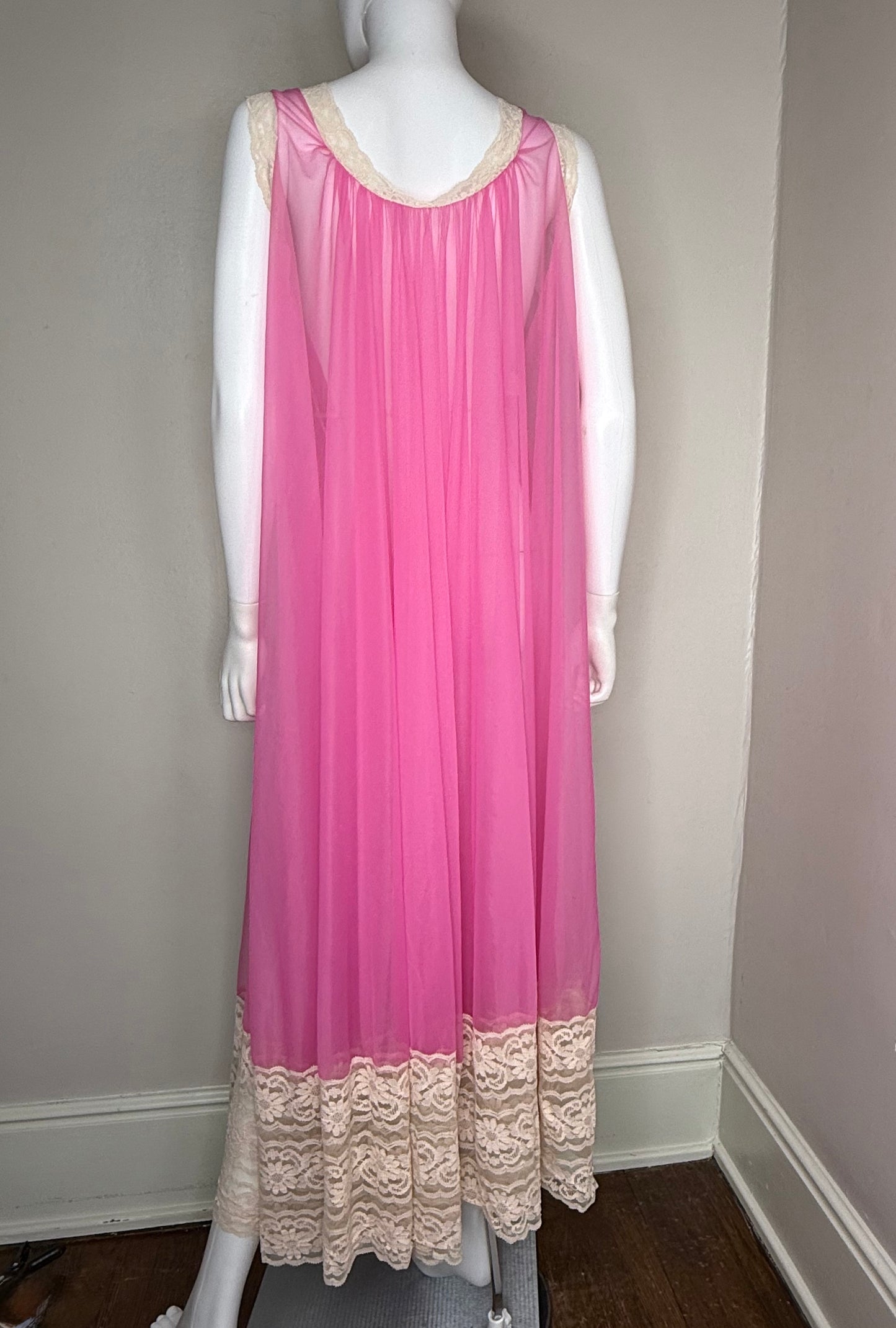 1960s Sheer Pink Nightgown, Miss Elaine, One Size, Huge Sweep Caftan