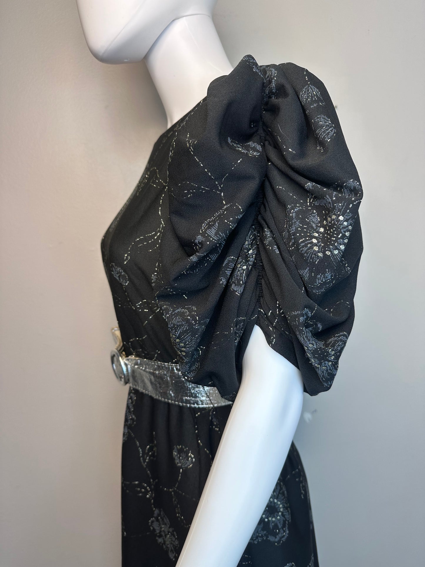 1980s Black Silver Sparkle Floral Dress, Size Large, Puffy Sleeves, Silver Belt