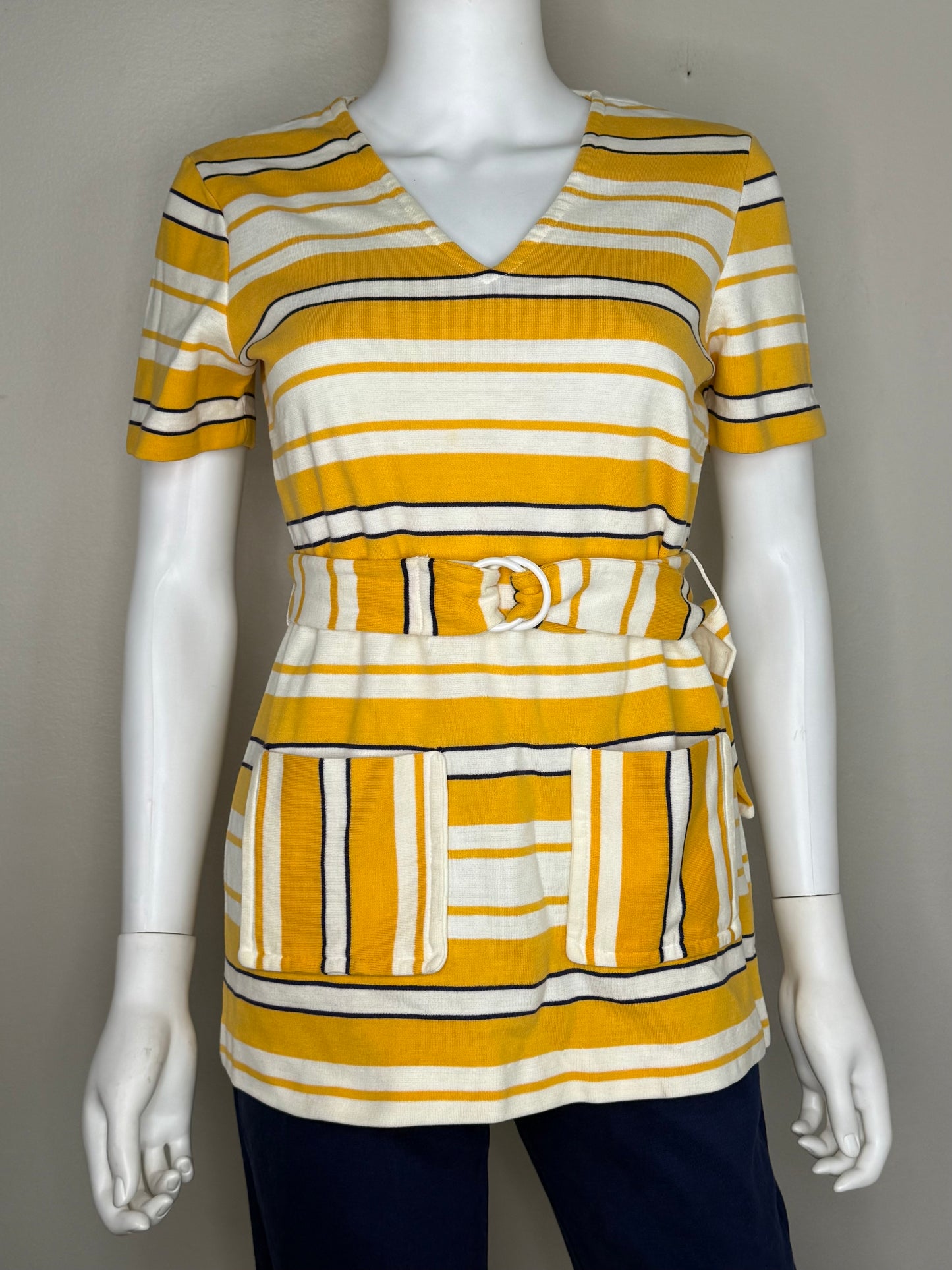 1960s Yellow Striped Tunic and Navy Blue Knit Pants Set, Jantzen Size XS-Small, V Neck Belted T-Shirt