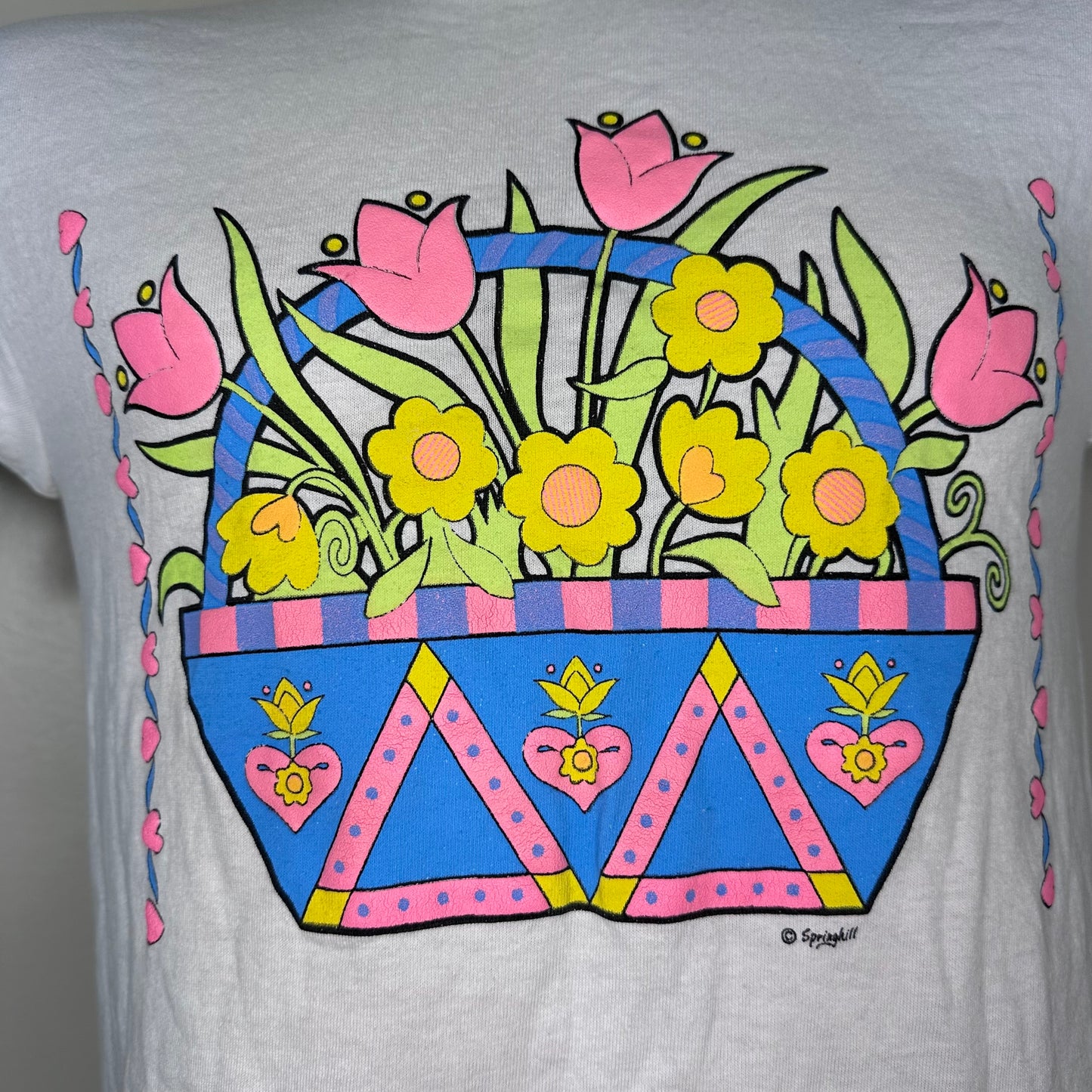 1980s/1990s Neon Basket of Flowers T-Shirt, Center Cut Size Small