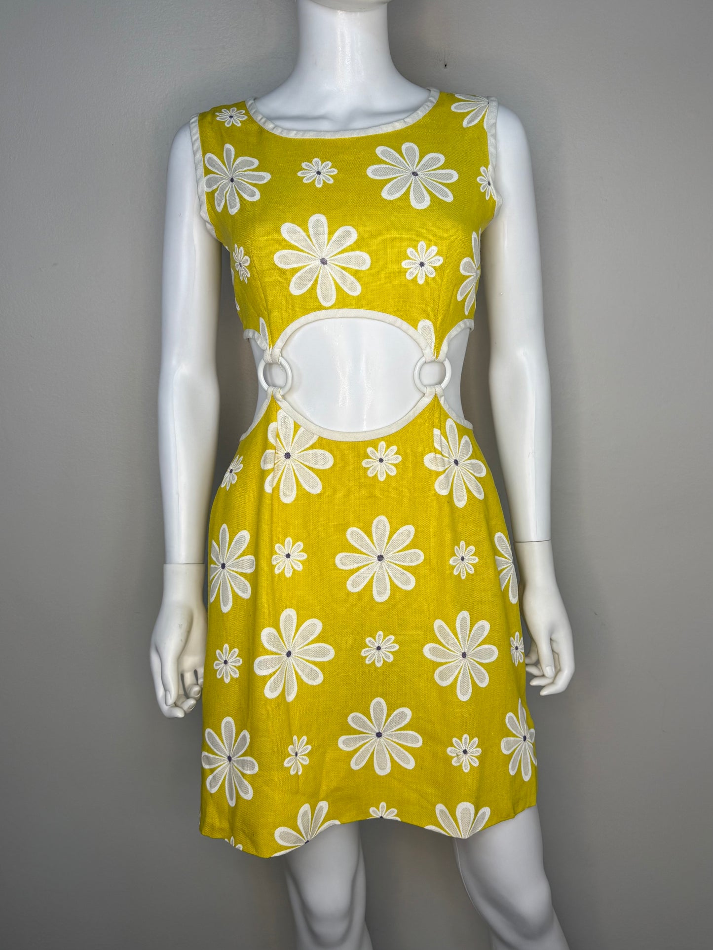 1960s Yellow Floral Mini Dress with Cut Outs and Rings, Handmade Size Small