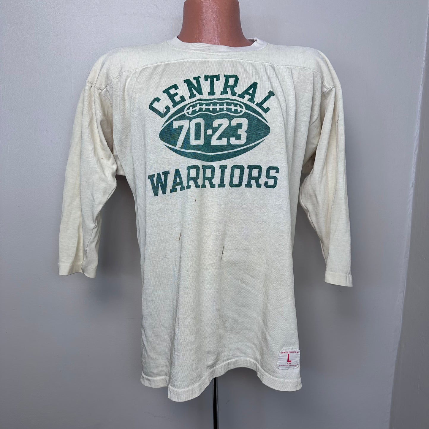 1960s Central Warriors Football Jersey, Champion Size Large, Memphis High School, Distressed