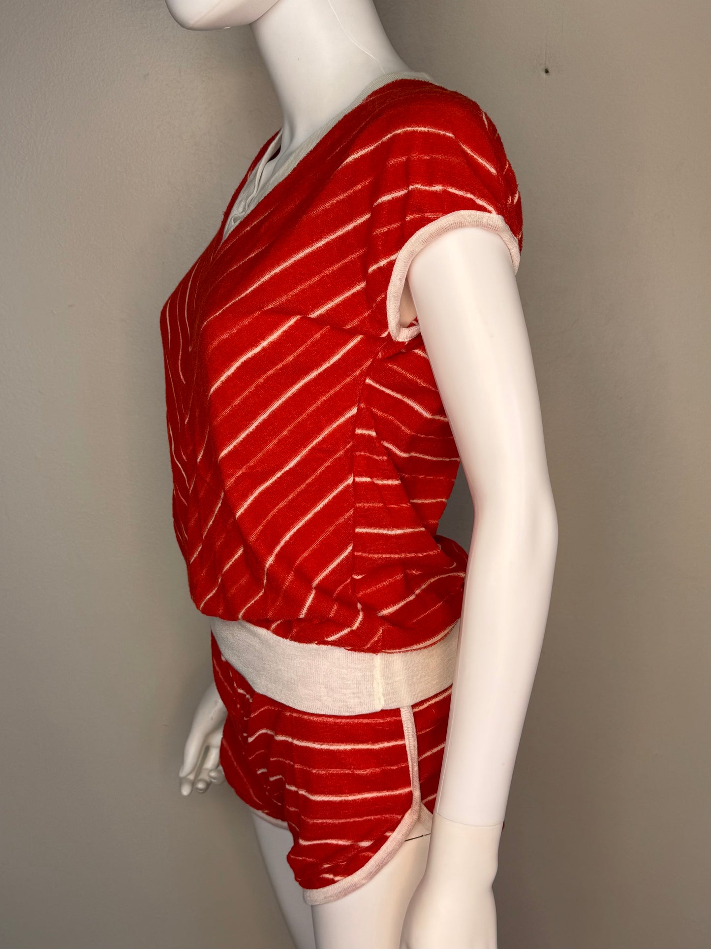 1970s Red and White Stripe Terrycloth Top and Shorts Set, Size Small