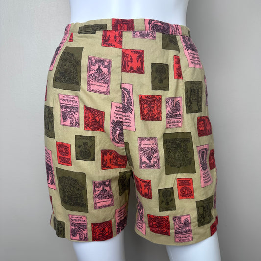 1950s Novelty Print Shorts, Size XS, High Rise, Back Zip, Tobacco Felts