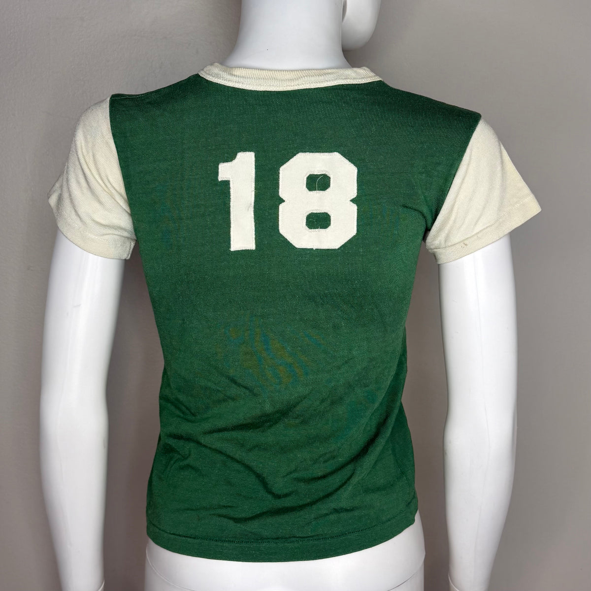 1960s/70s Kids’ Green and White Durene Jersey T-Shirt, Size Youth Medium/Adult XS No 18