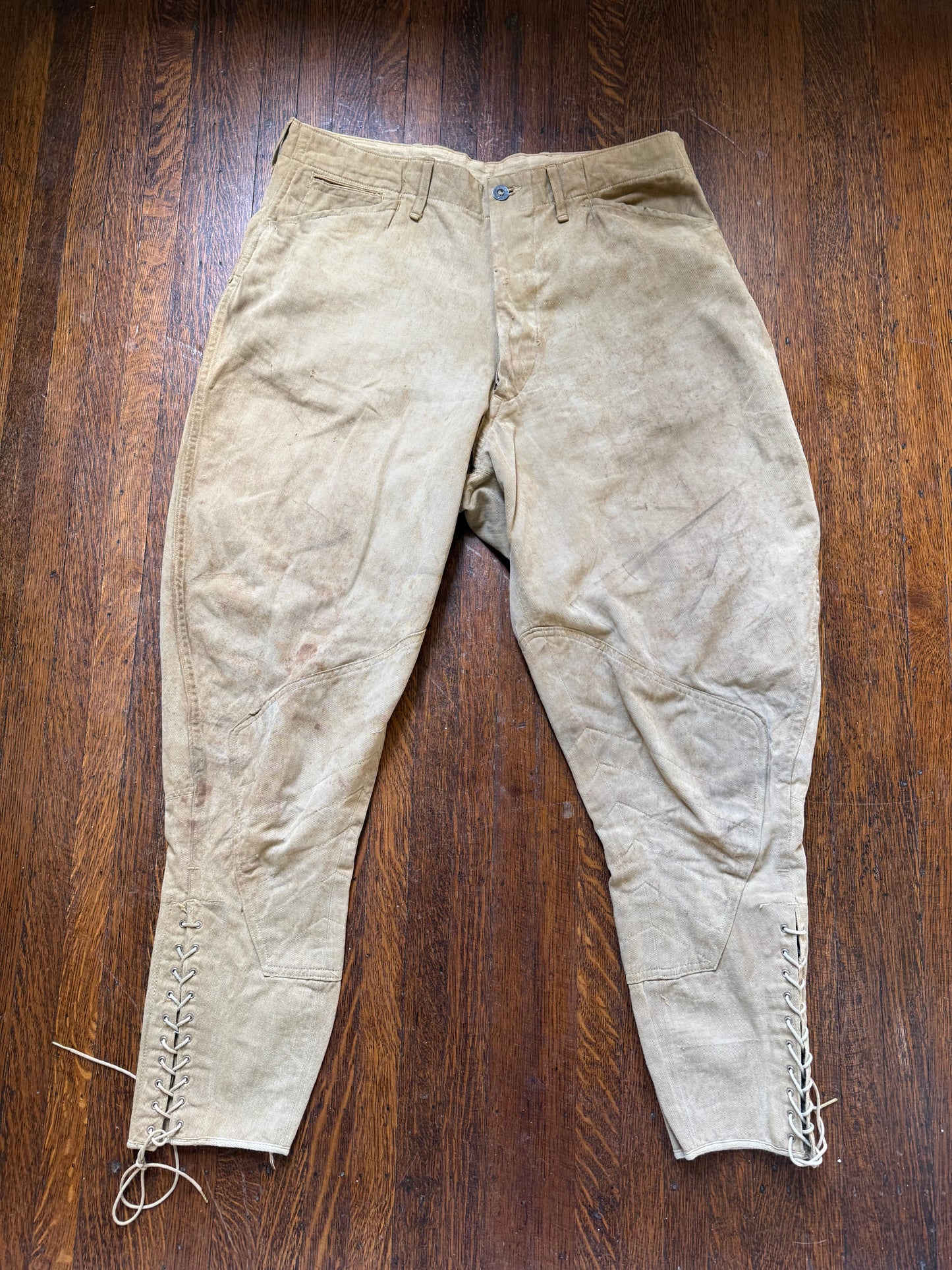 1910s WW1 Khaki Canvas Jodhpurs Pants, Summer Riding Breeches, Distressed Patina, 33"x26.25"