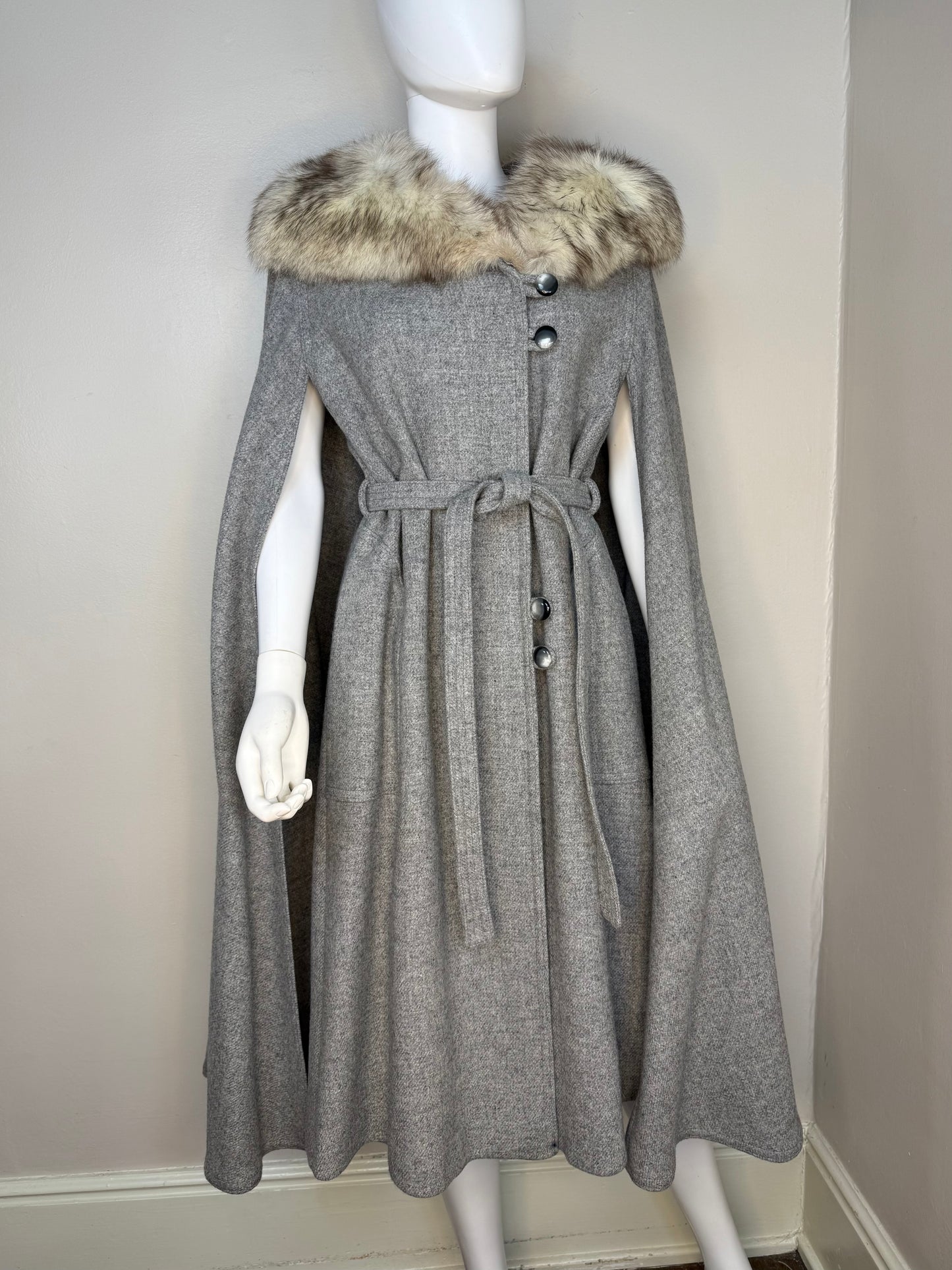 1960s/70s Grey Wool Cape with Fox Fur Collar, Size Medium, The American Way with Wool