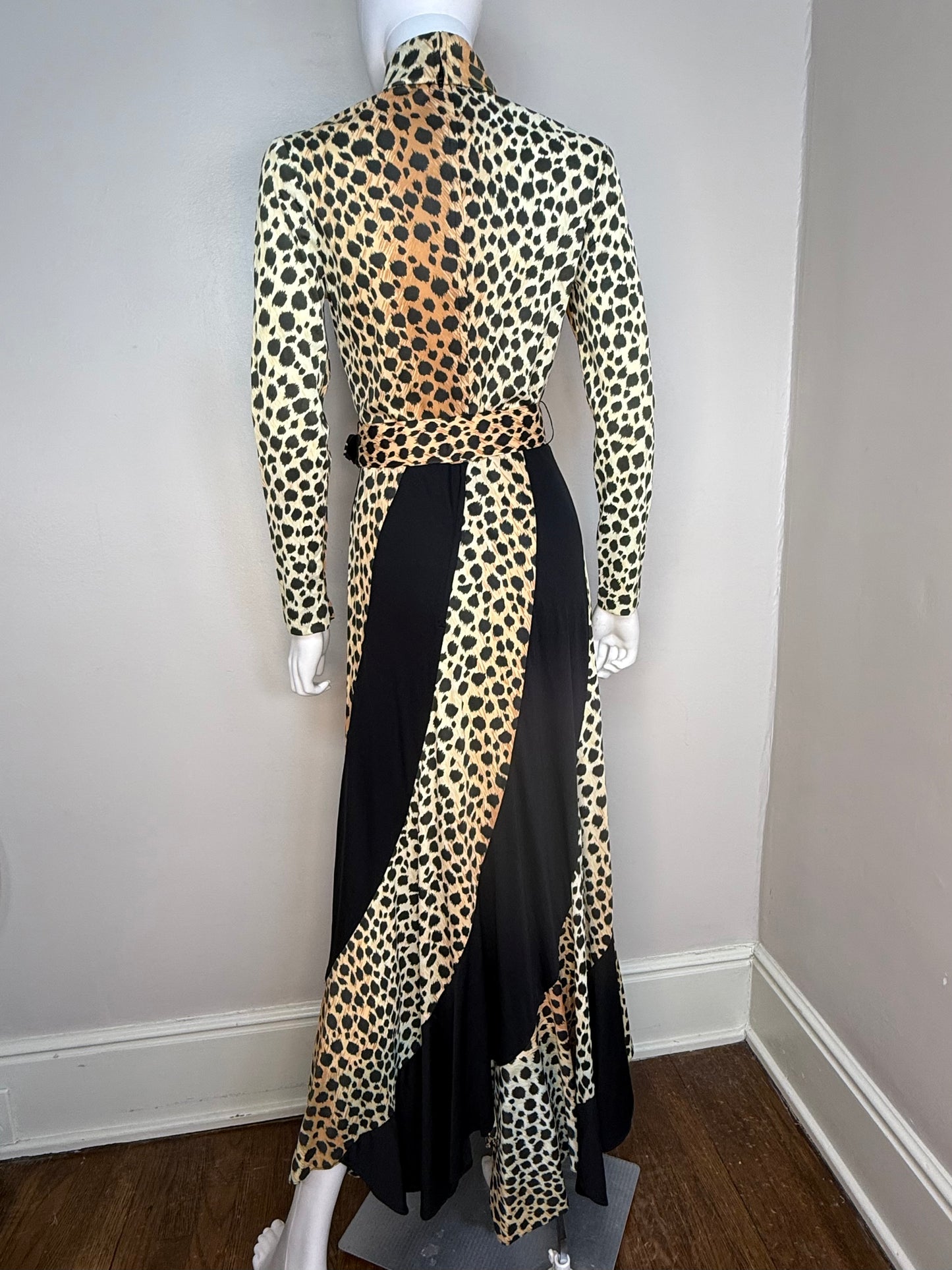 1970s Leopard Print Maxi Dress, Long Sleeve Turtleneck, Size Small, Curved Panel Skirt with Full Sweep