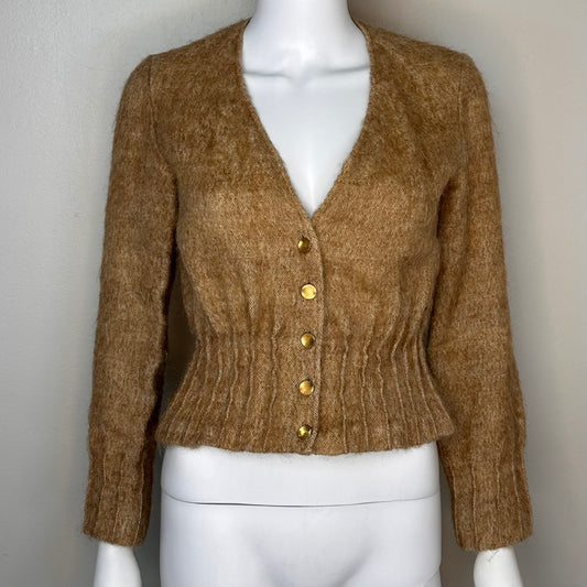 1970s Fuzzy Mocha Mohair V-neck Cardigan Sweater, Doncaster Size Small