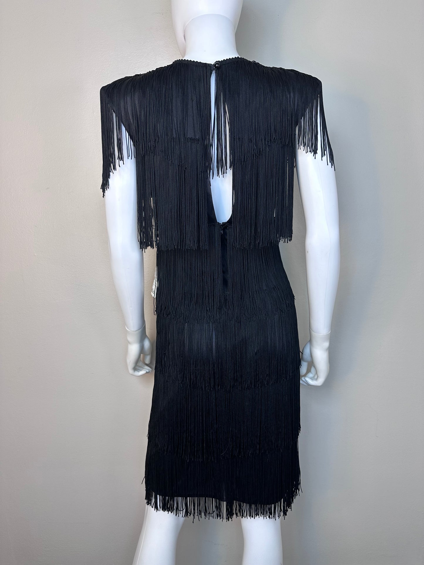 1990s Black Fringe Dress, HW Collections Size XS-Small, Deadstock with Tags