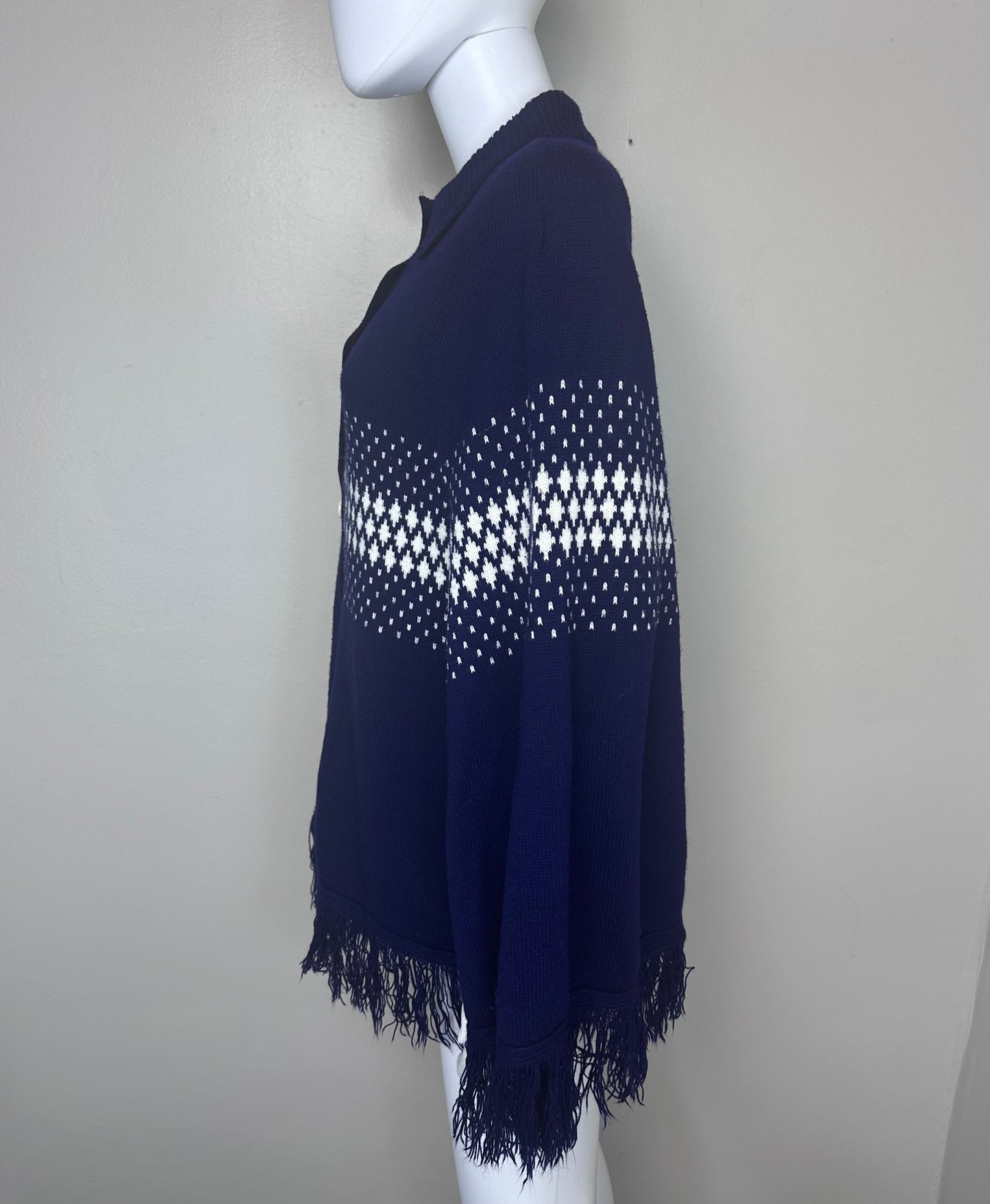 1970s Navy Blue and White Knitted Cape, Poncho