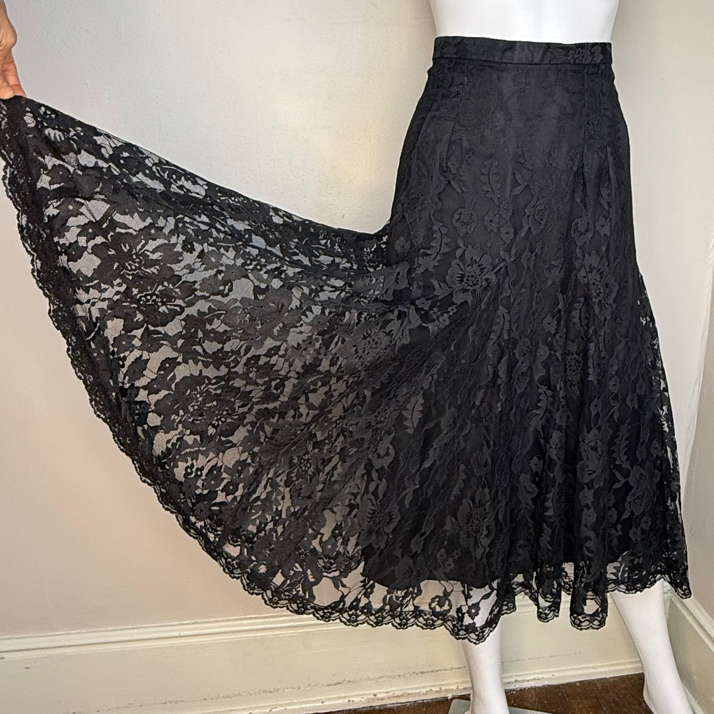 1970s Black Lace Midi Trumpet Skirt, Size XS