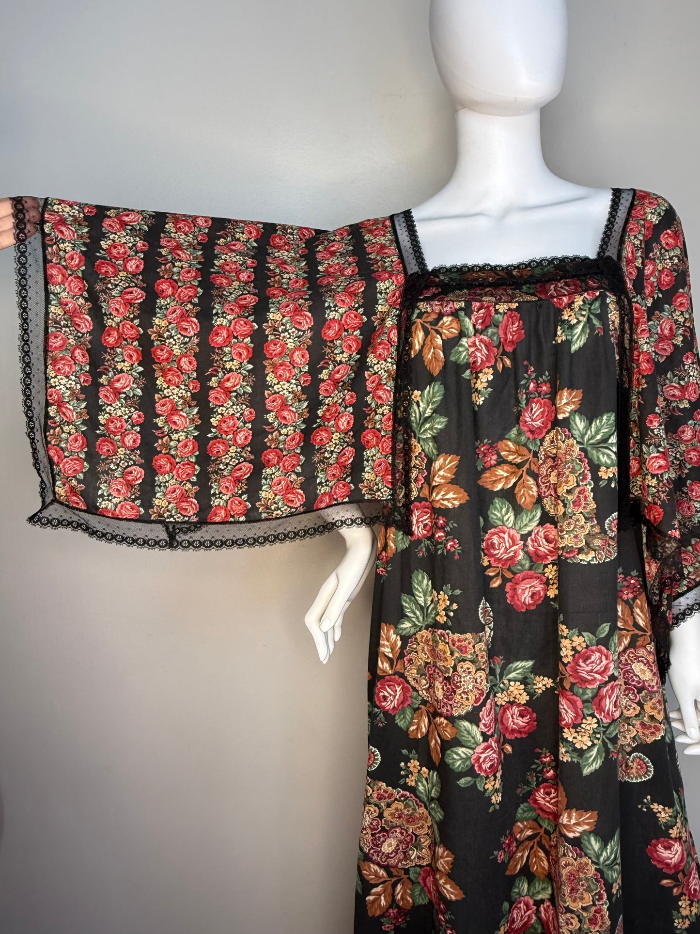 1970s Black Rose Caftan Dress with Wide Scarf Sleeves, Dutchmaid Size Large