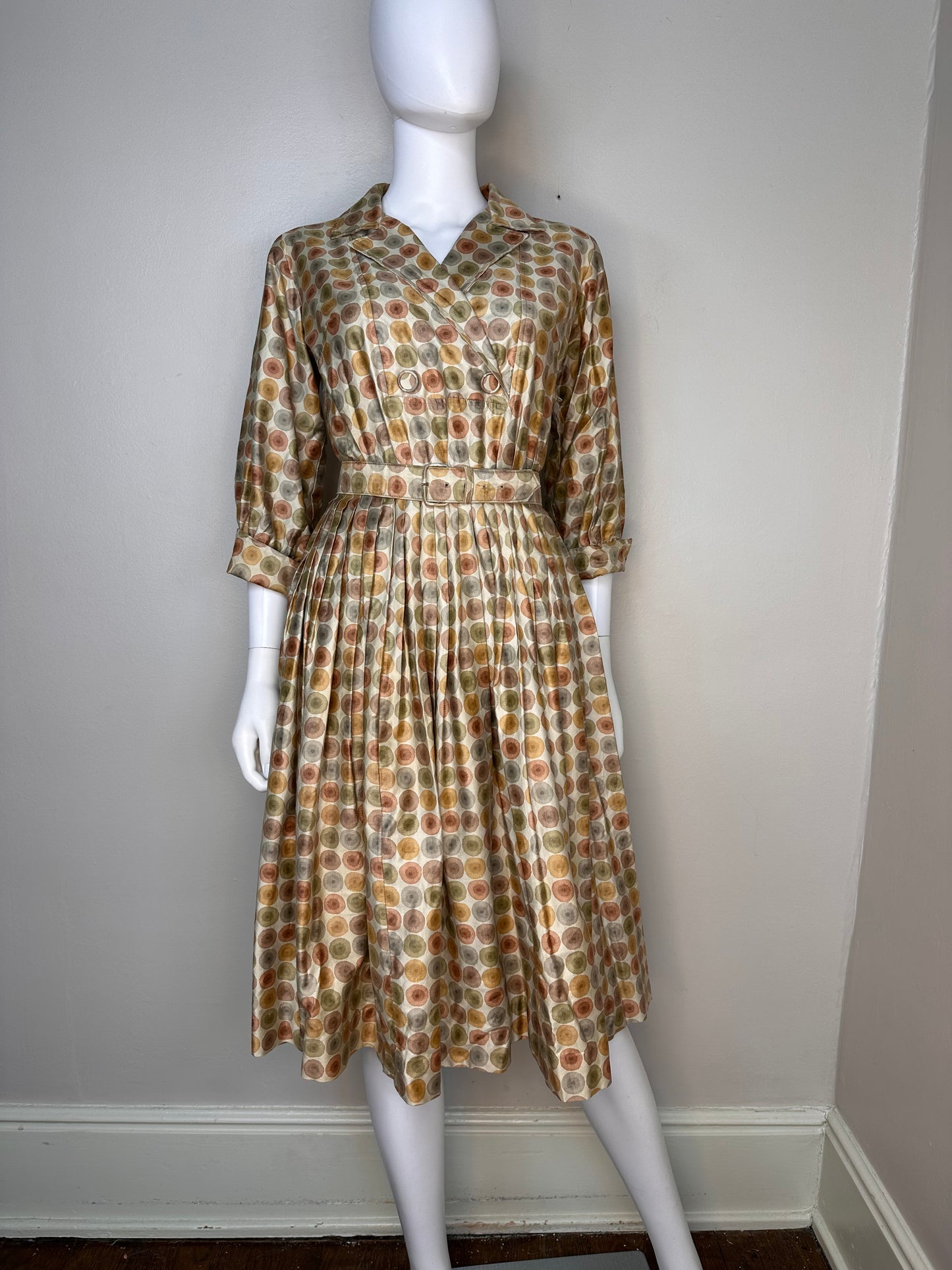 1950s/60s Mocha Polka Dot Shirtwaist Dress with Full Skirt, Wendy Woods Size XS