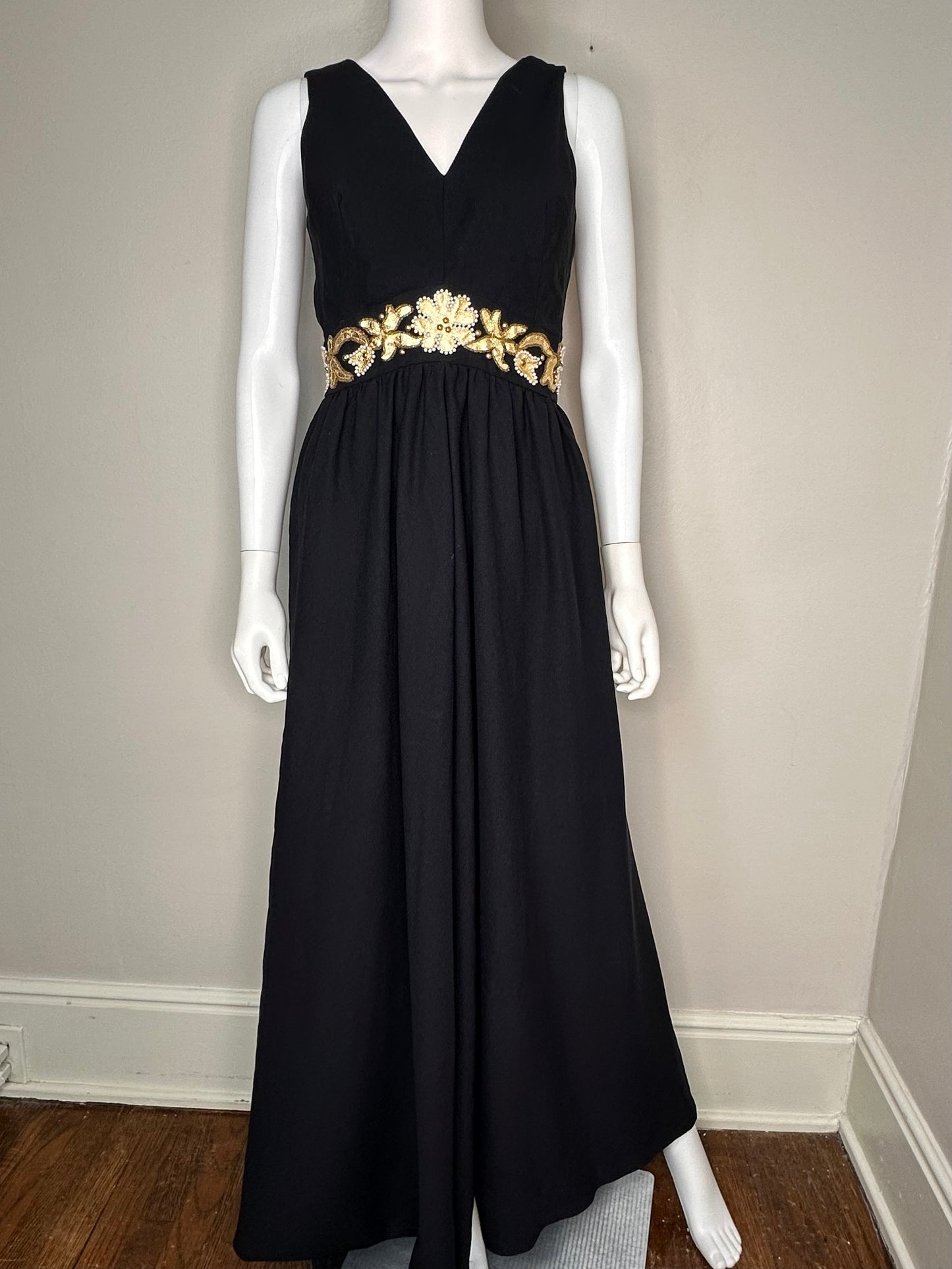 1960s/70s Black Wide Leg Jumpsuit with Gold Floral Embellishment Waistband, Size XS