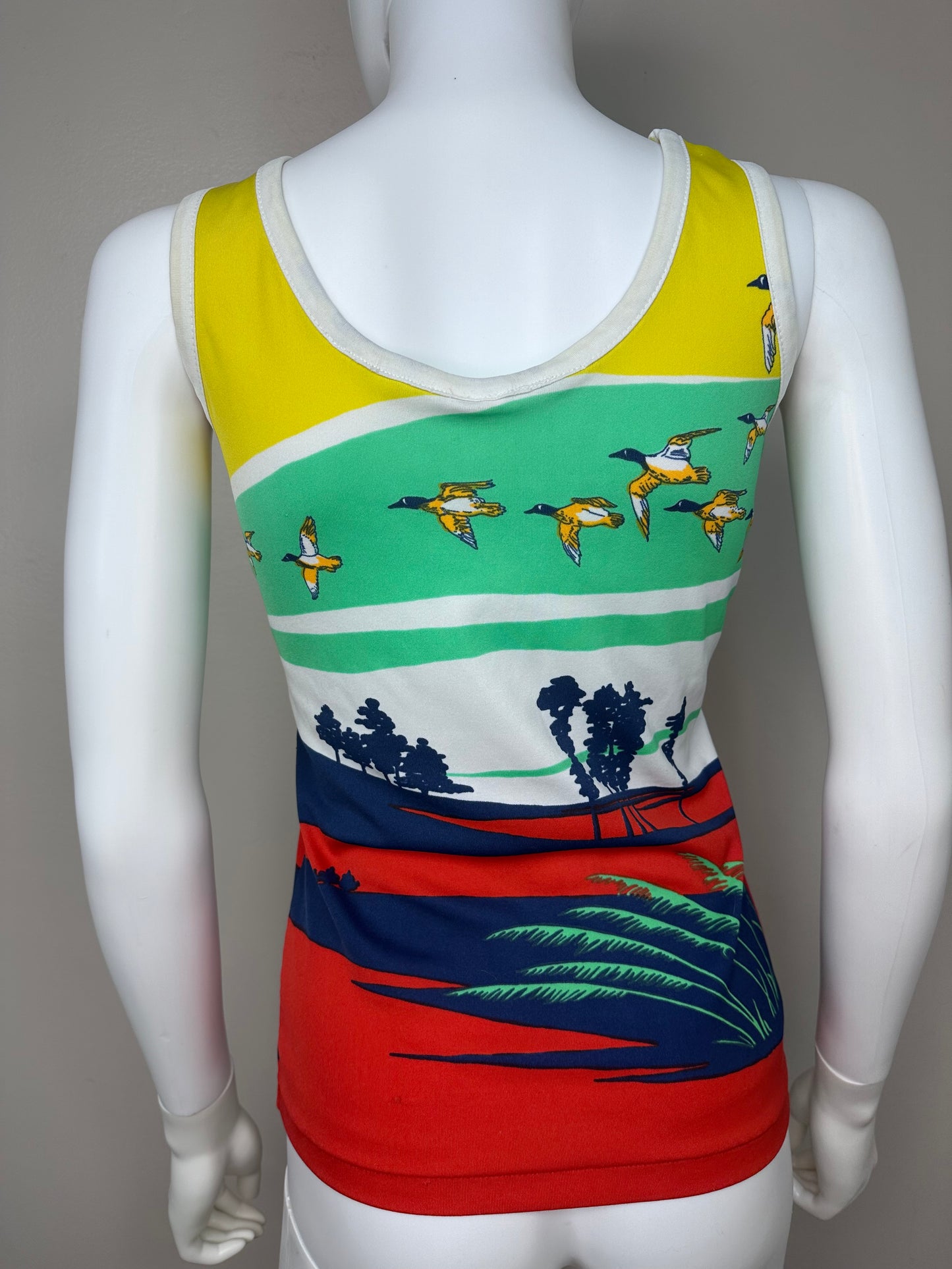 1970s Polyester Tank Top, Size Small, Psychedelic Flying Ducks All Over Print