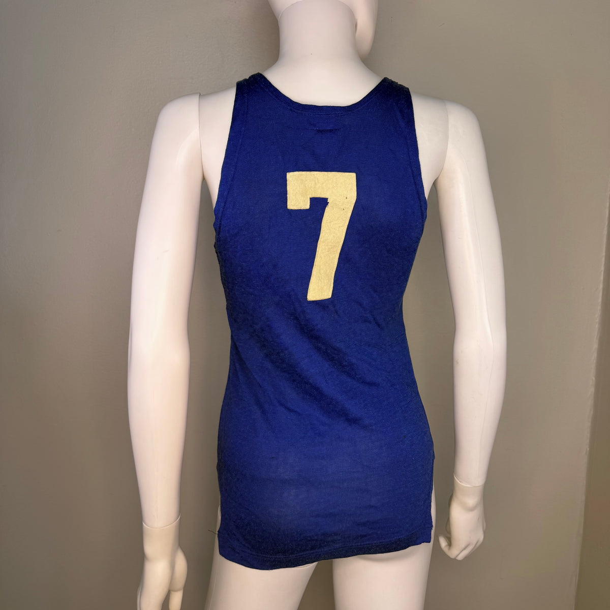 1940s Blue Durene Basketball Jersey, York Arms Co Sporting Goods Size XS, Felt No 7