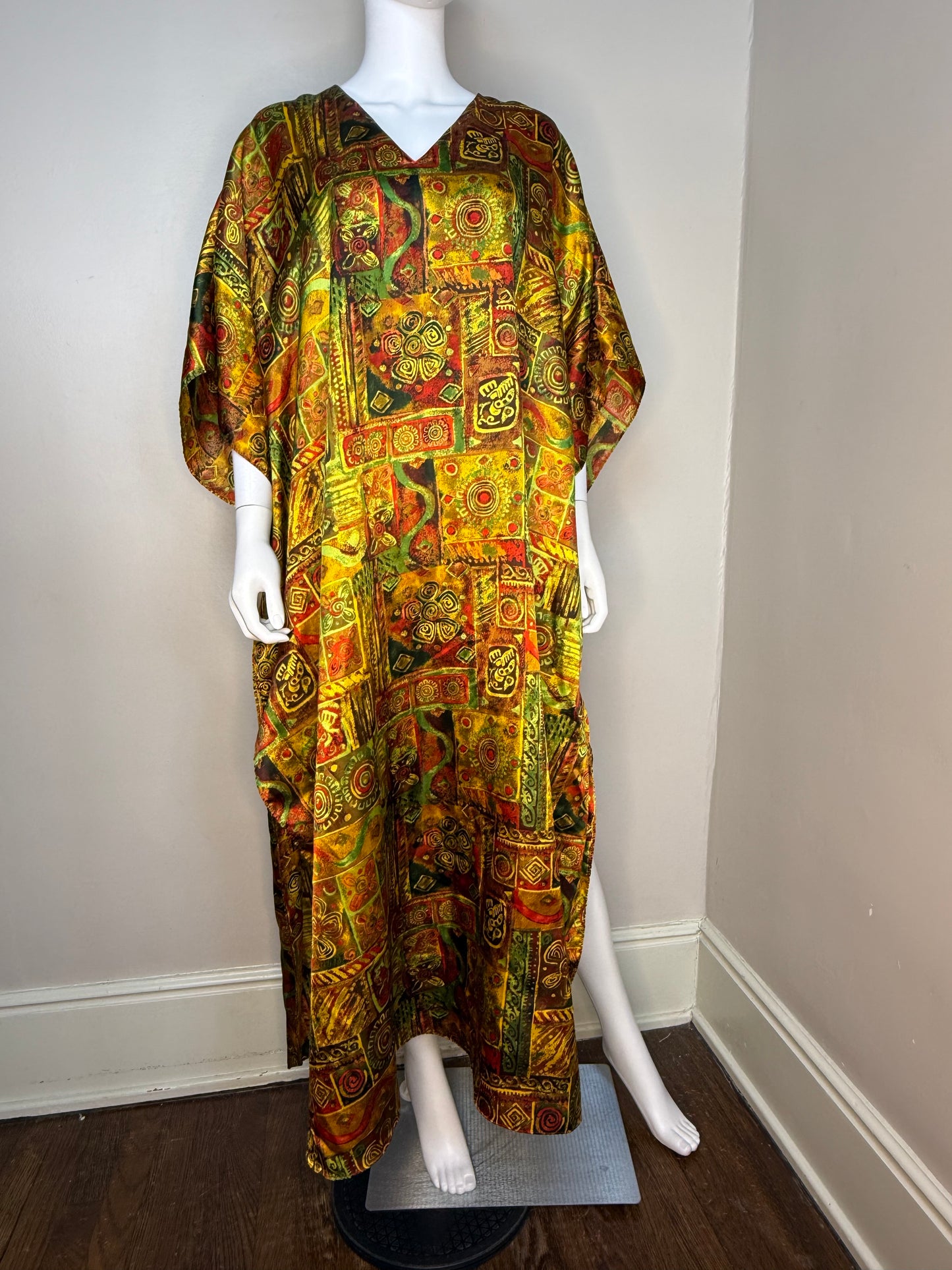 1990s Gold Red and Green Caftan Dress, Winlar, Loungewear, One Size Fits Most