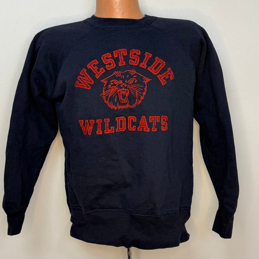 1950s Westside Wildcats Sweatshirt, Navy Blue with Red Flocked Cat, Champion Knitwear Size Medium-Large, Running Man