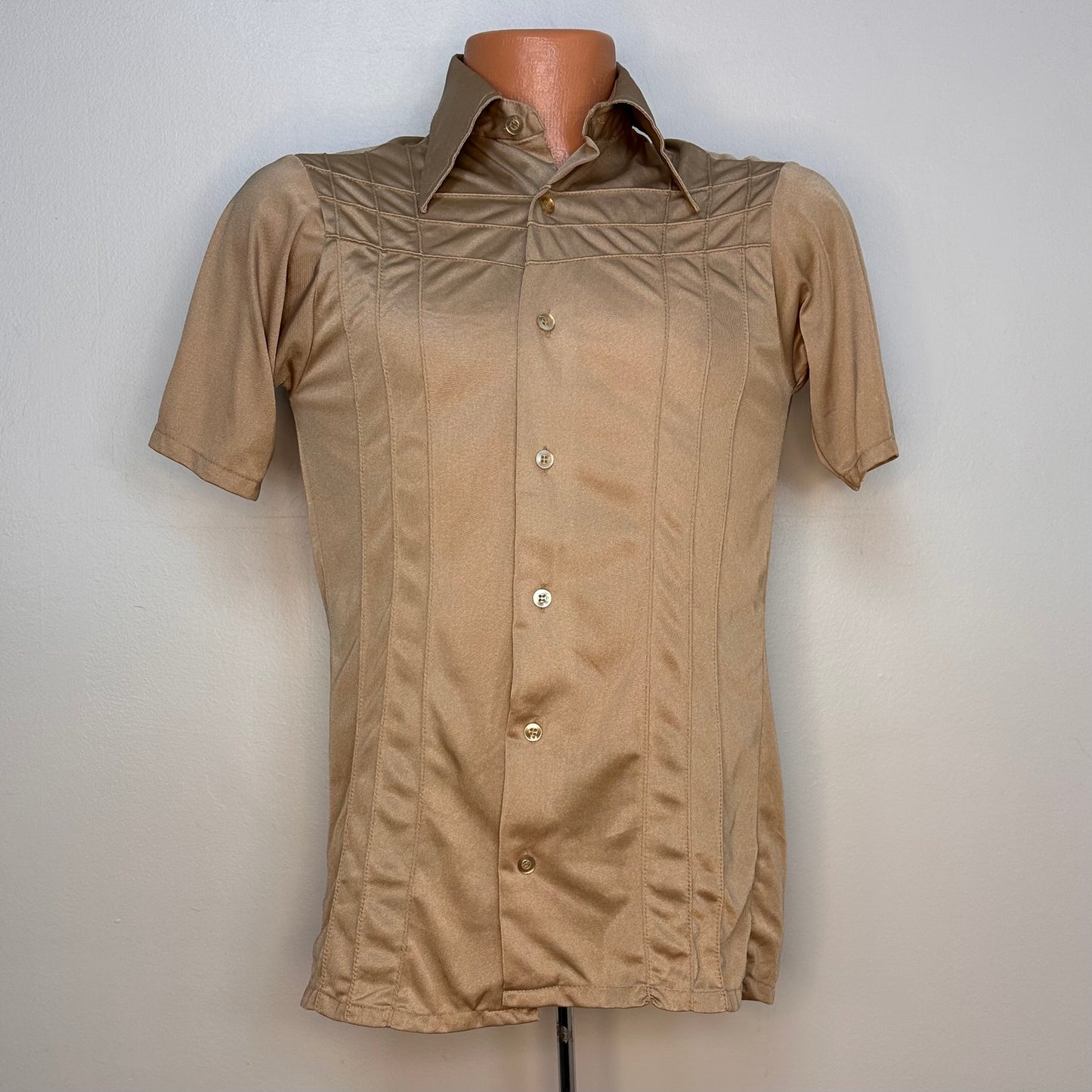 1970s Tan Nylon Short Sleeve Shirt with Pin Tucks, That Knit by Block Size Small