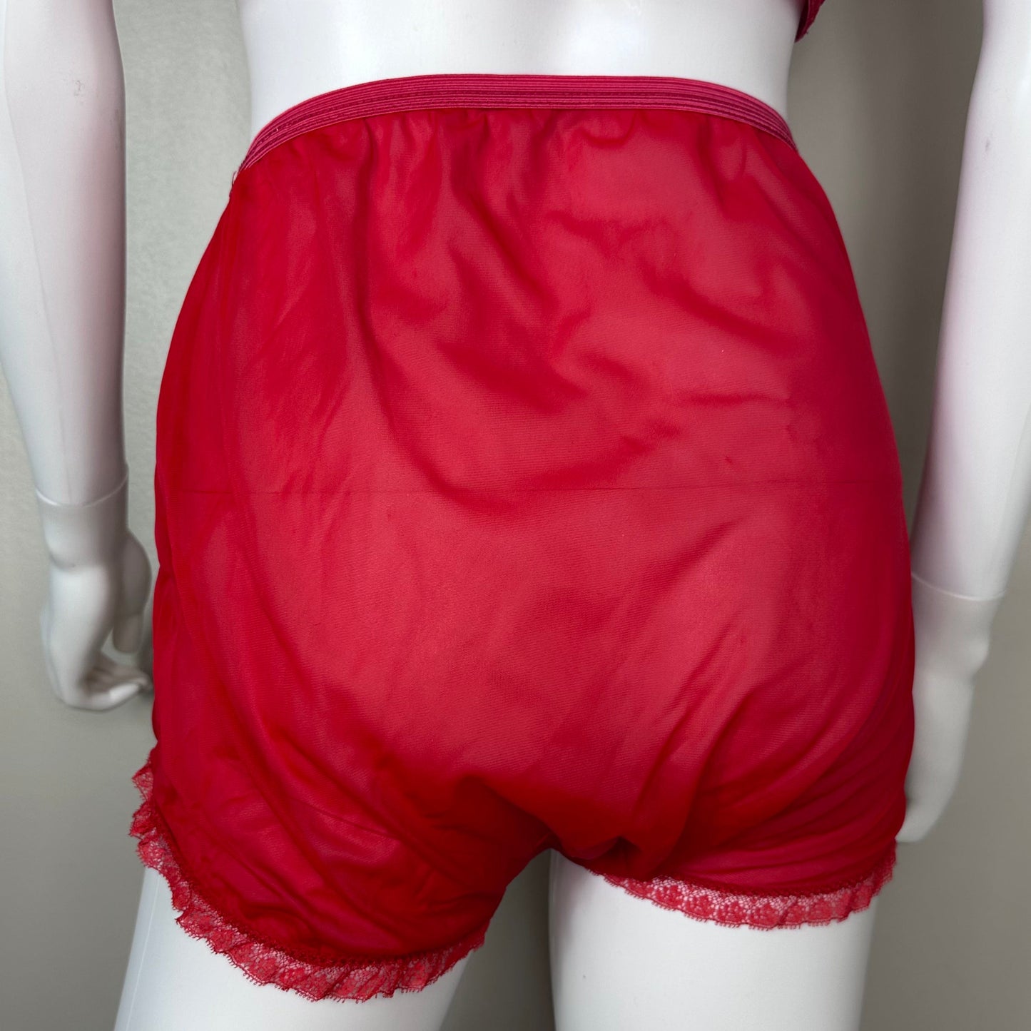 1950s Red Nylon High Waisted Panties with Knife Pleat Inserts, Styled by Gilbreath Size 9, Mushroom Gusset