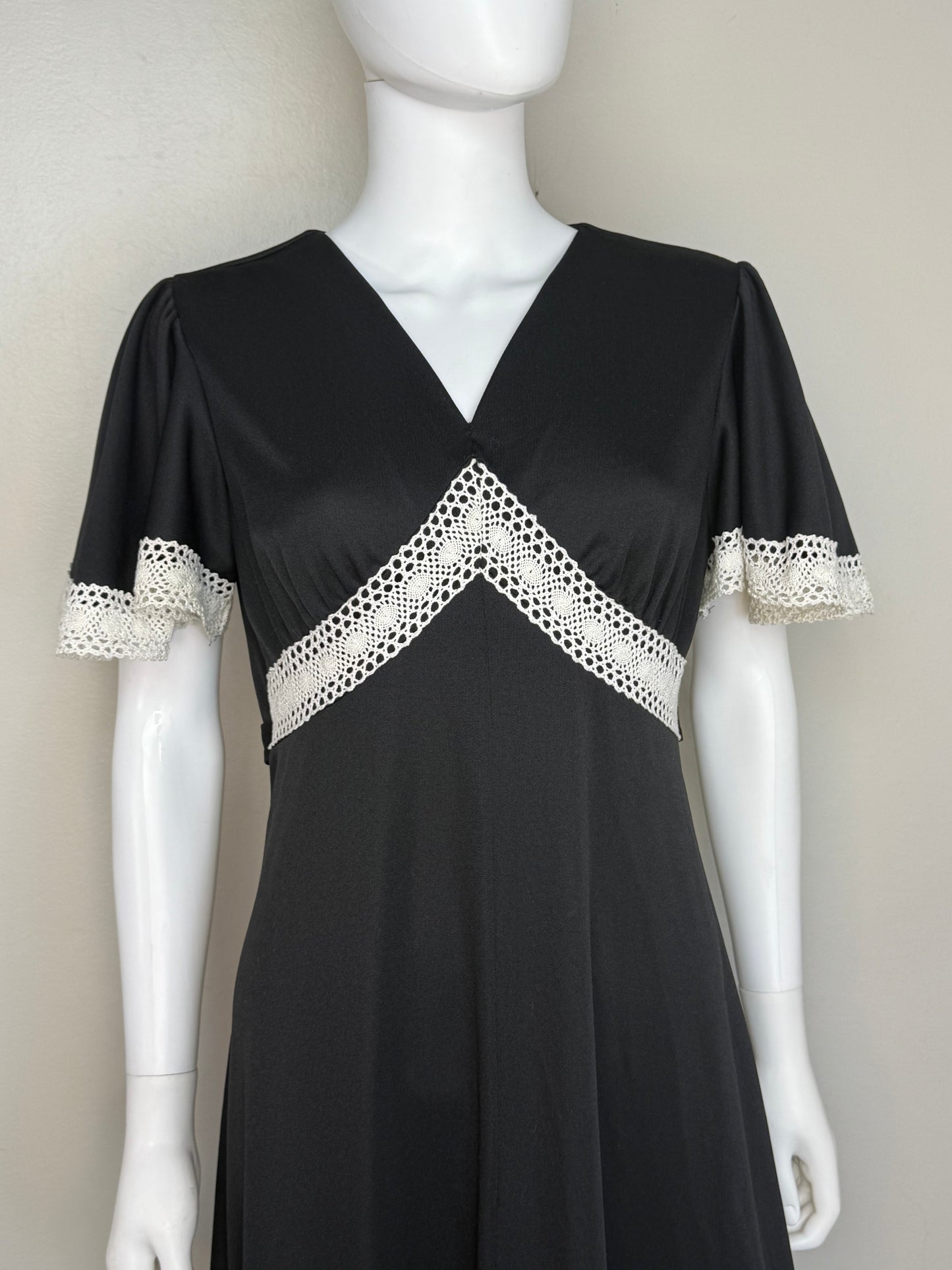 1970s Black Maxi Dress with White Crochet Trim, Sears Fashions Size Large