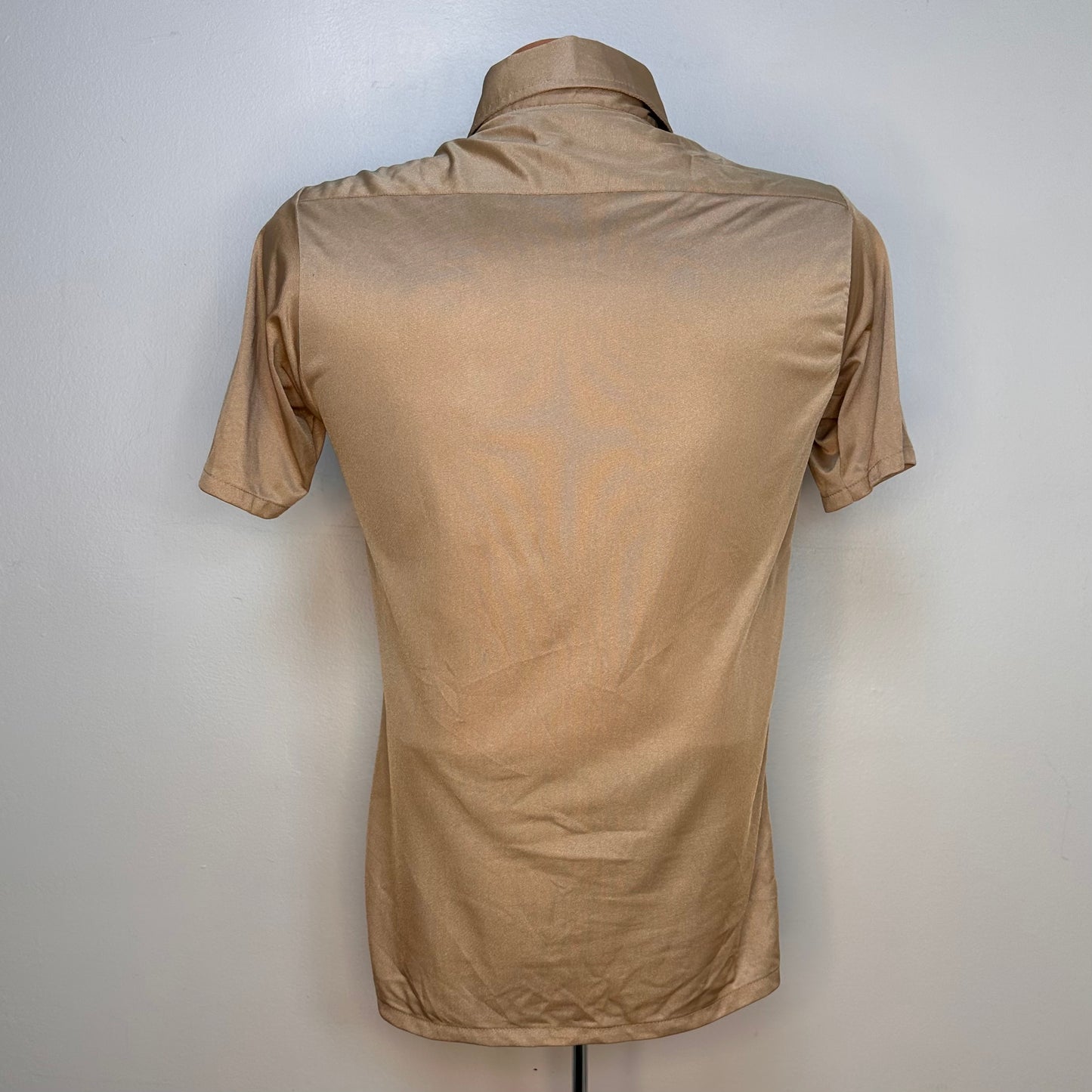 1970s Tan Nylon Short Sleeve Shirt with Pin Tucks, That Knit by Block Size Small