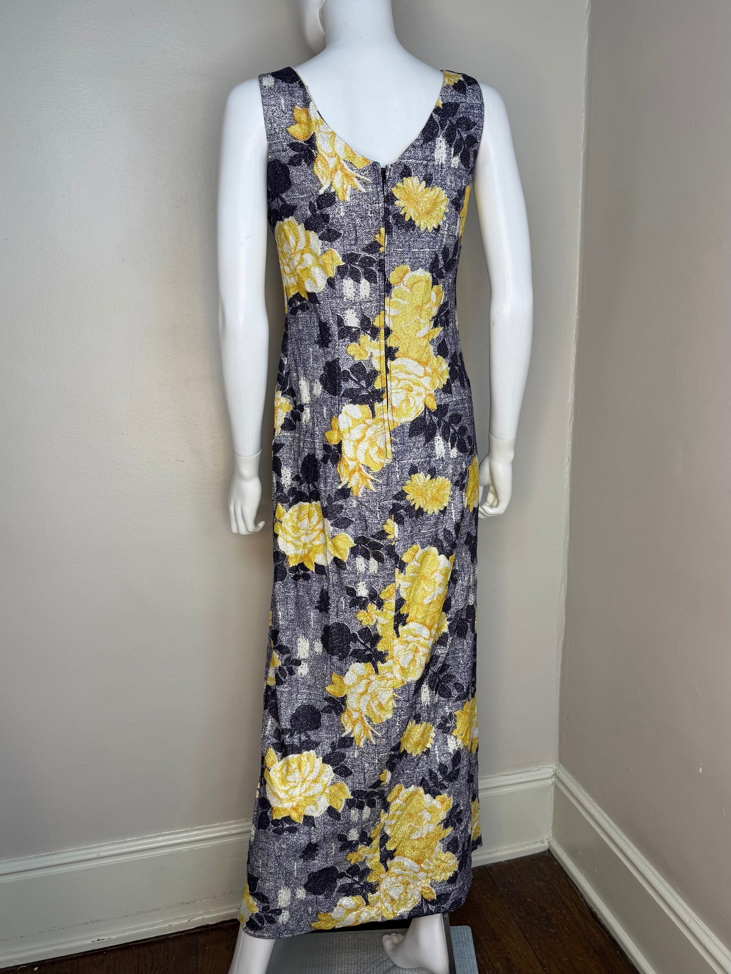 1970s Yellow Rose Print Lurex Maxi Dress, Size Medium